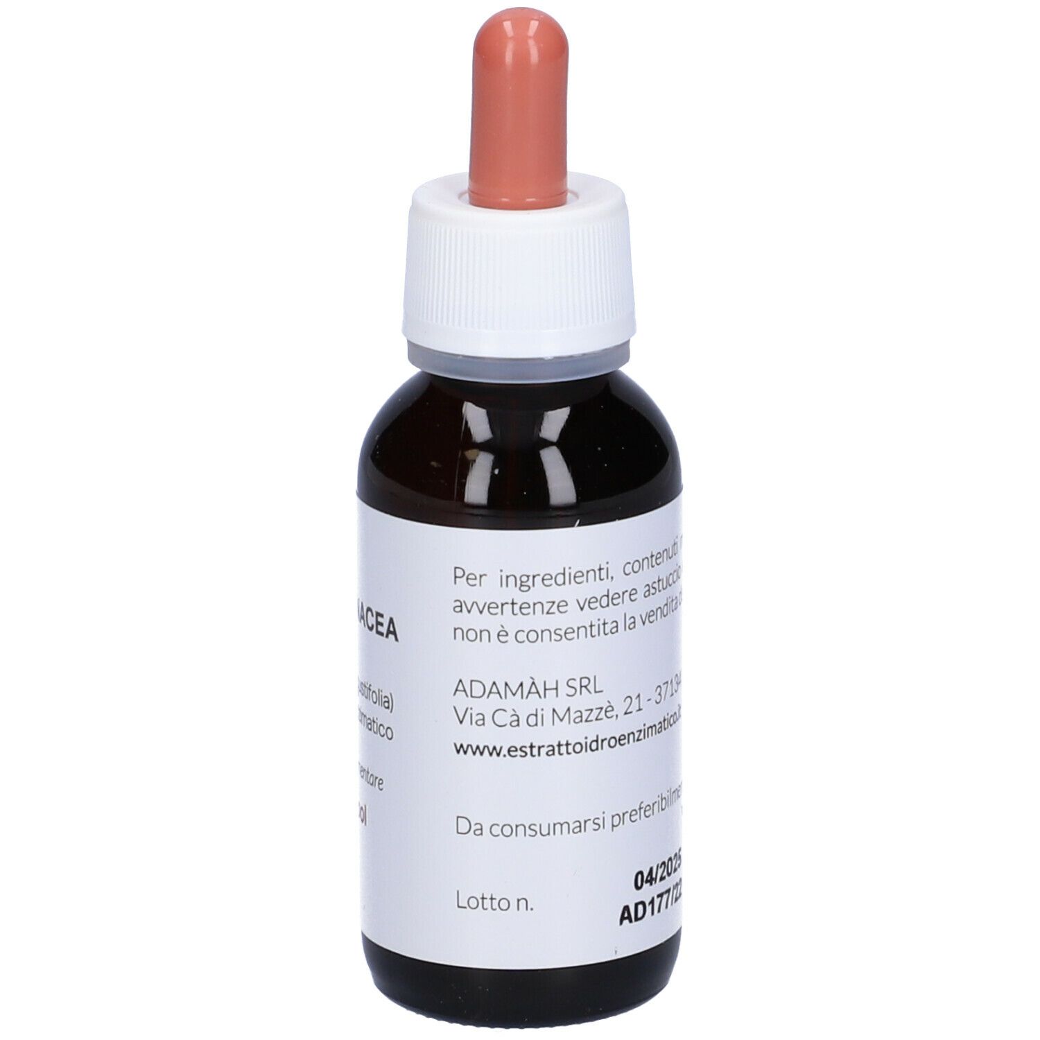 Flacon en verre brun avec compte-gouttes. Inscription: EIE Echinacea. Étiquette avec informations et adresse du fabricant.