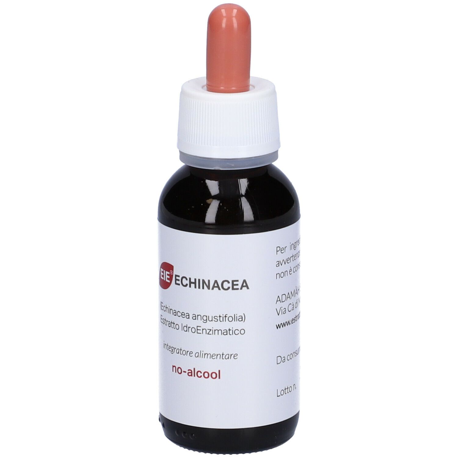 Flacon en verre brun avec compte-gouttes. Inscription: EIE Echinacea, sans alcool. Étiquette avec informations.