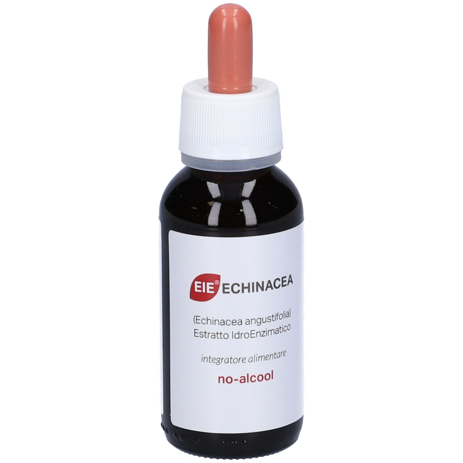 Flacon en verre brun avec compte-gouttes. Inscription: EIE Echinacea, sans alcool. Étiquette avec informations.