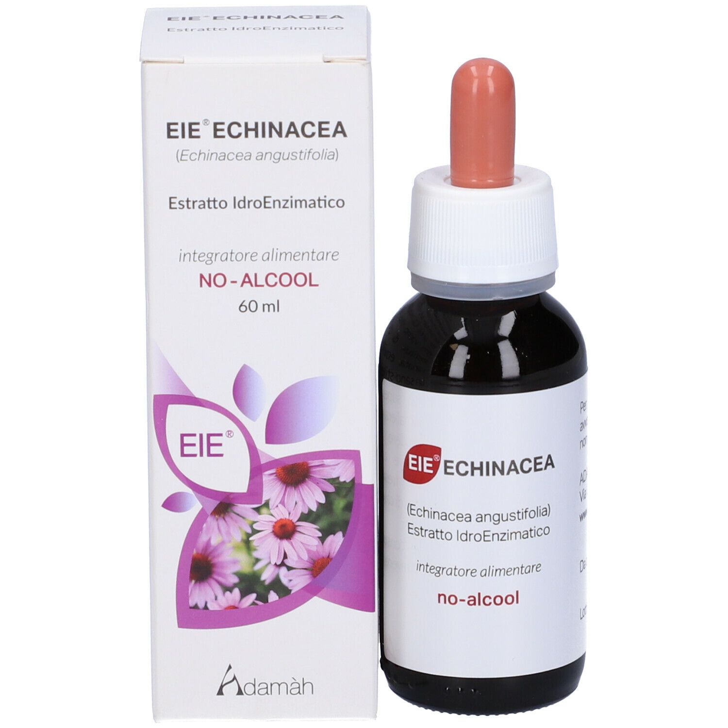 Emballage et flacon. Inscription: EIE Echinacea, 60 ml, sans alcool. Illustration de fleurs.