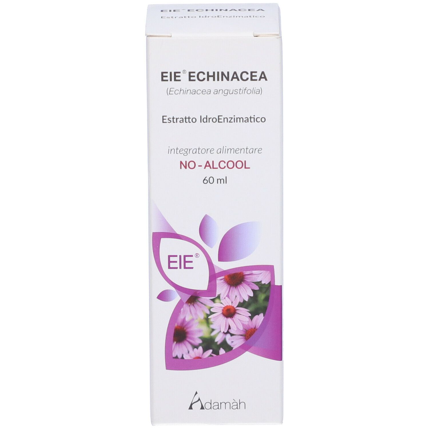 Emballage du produit. Inscription: EIE Echinacea, 60 ml, sans alcool. Illustration de fleurs. Logo Adamàh.
