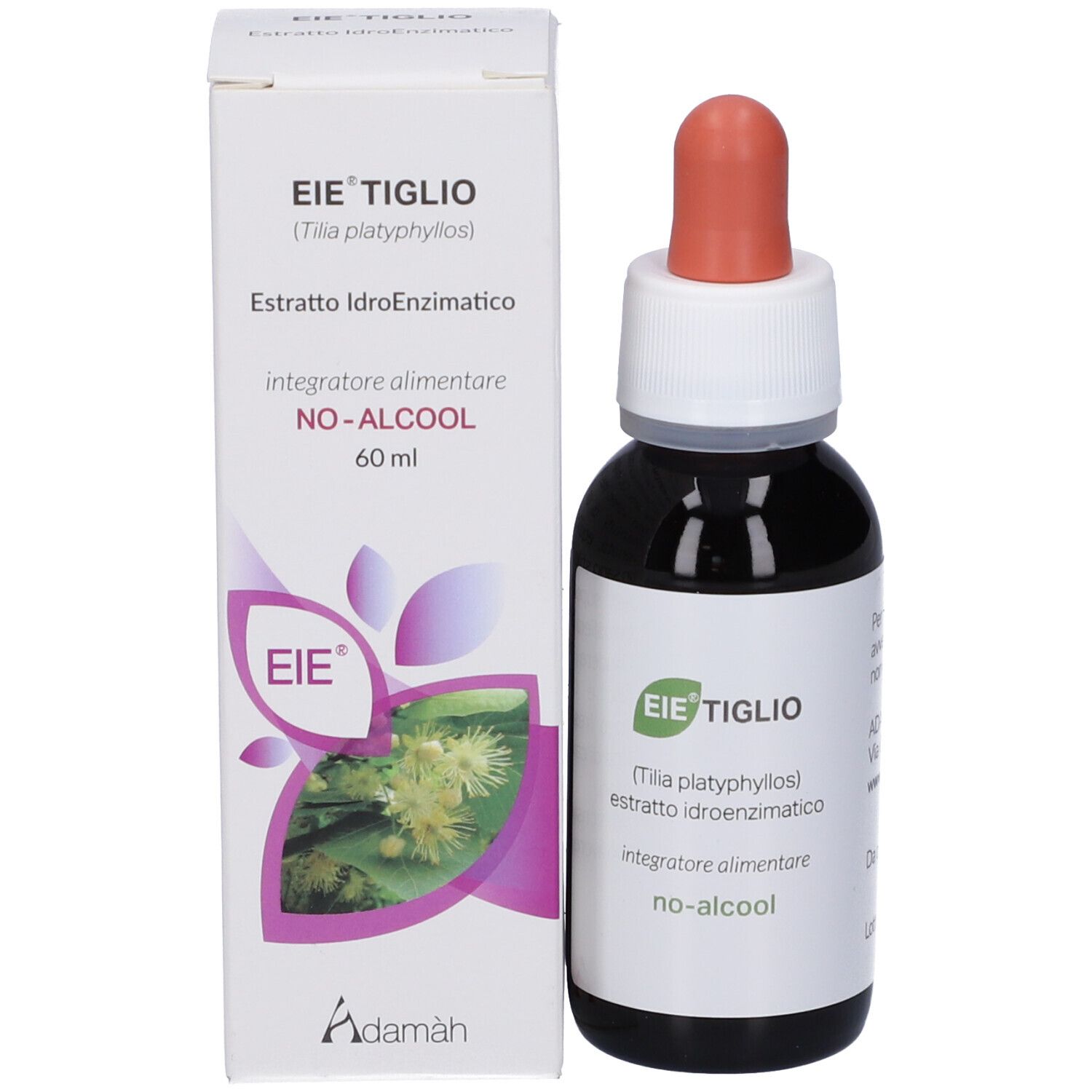 Emballage du produit avec flacon et compte-gouttes. Sur l'emballage: EIE TIGLIO, 60 ml, NO-ALCOOL.