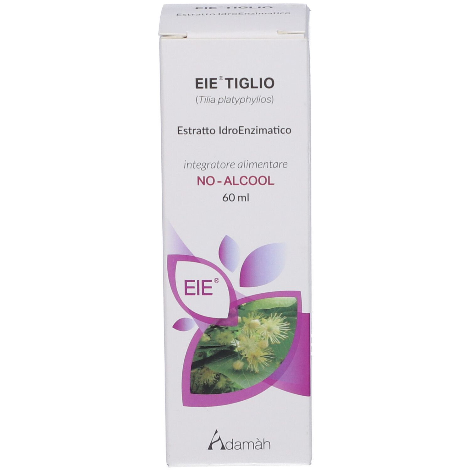 Emballage du produit. Sur l'emballage: EIE TIGLIO, 60 ml, NO-ALCOOL. Illustration de fleurs.