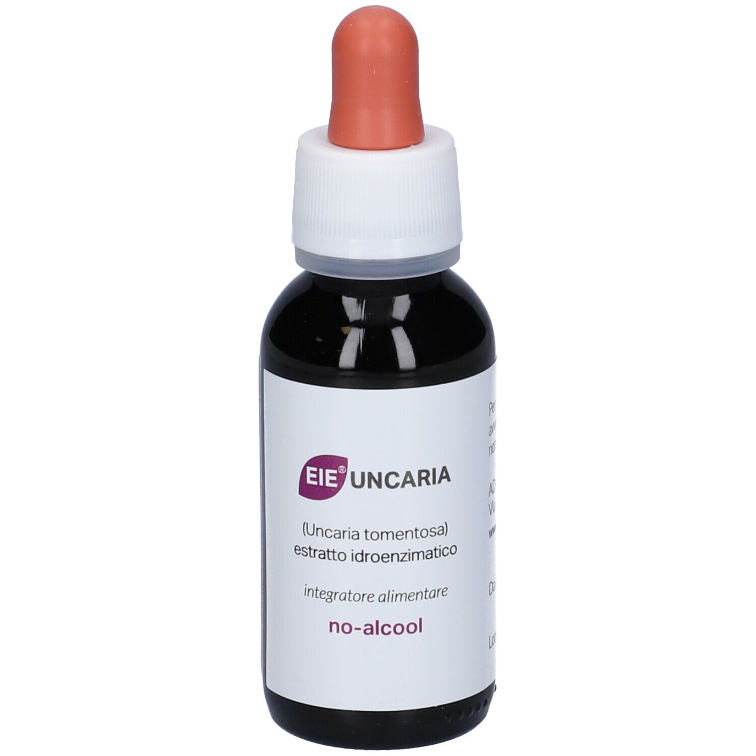 Braune Glasflasche mit Tropfer. Aufdruck: EIE Uncaria, 60 ml, No-Alkohol. Etikett mit Produktinformationen.