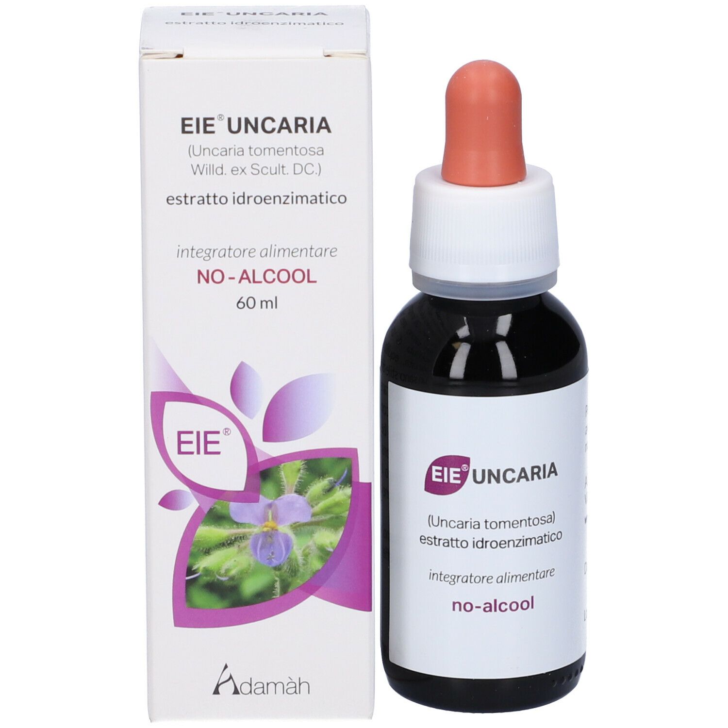 Produktverpackung: Flasche und Schachtel. Flasche: braunes Glas, Tropfer. Schachtel: weiß, Aufdruck EIE Uncaria.