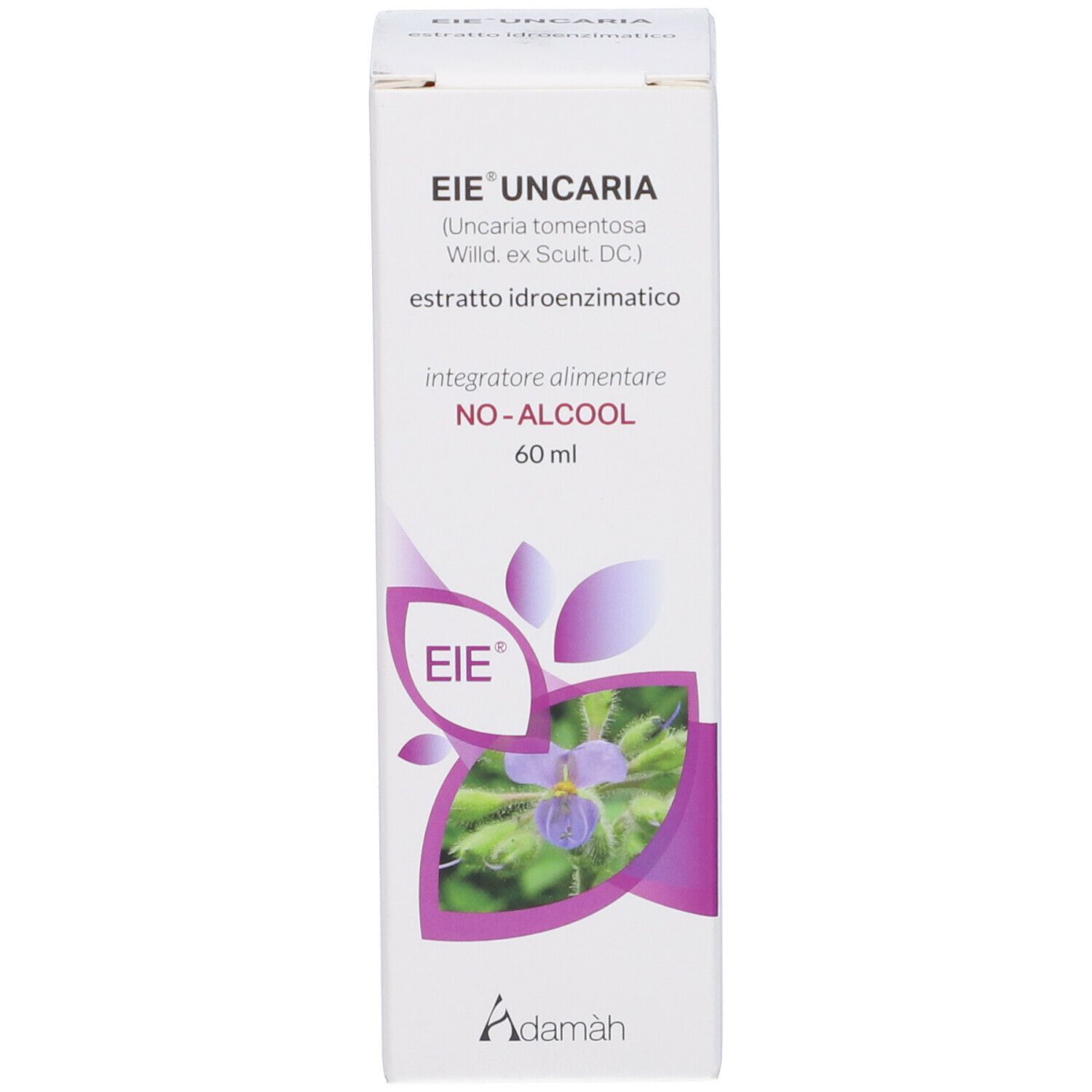 Weiße Schachtel mit Produktinformationen. Aufdruck: EIE Uncaria, 60 ml, No-Alkohol. Abbildung einer Blume.