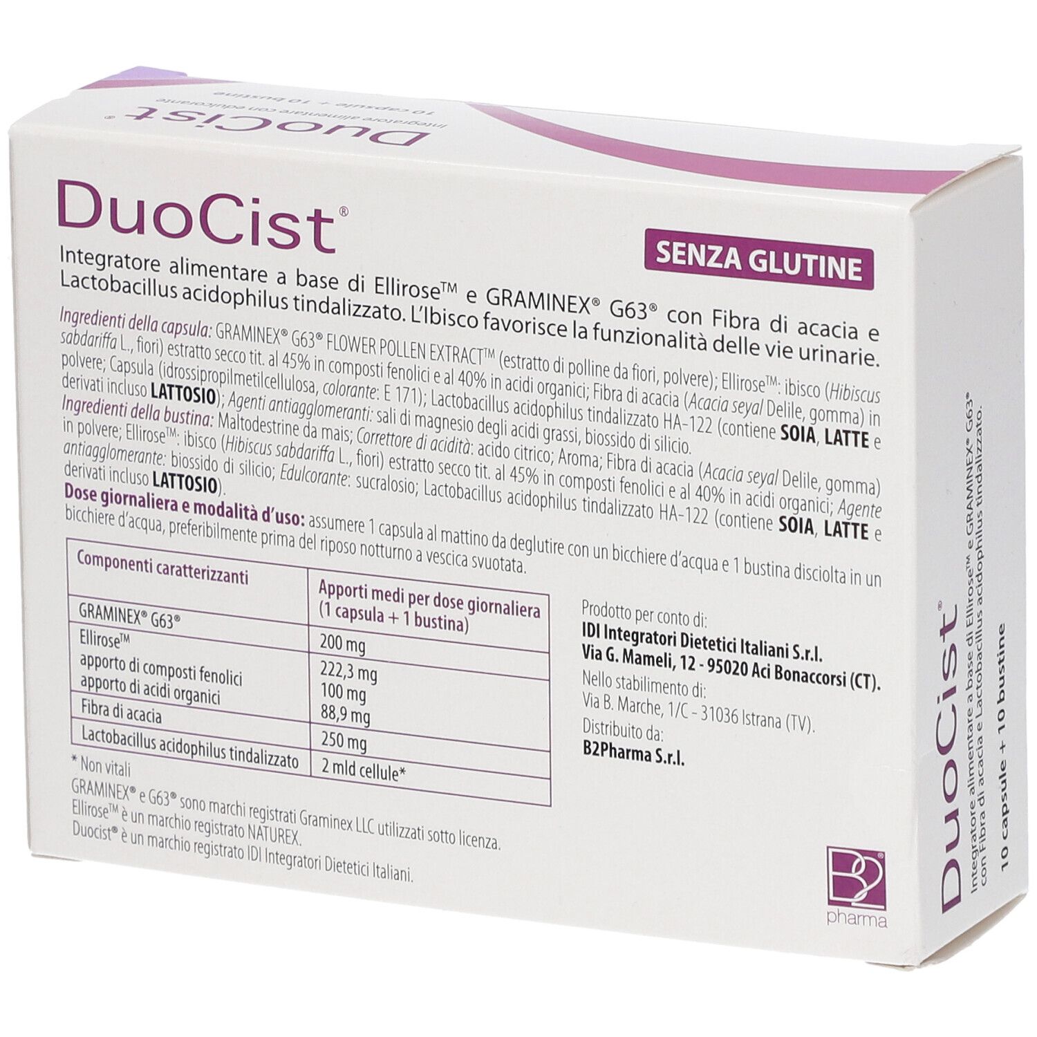 Boîte DuoCist avec informations. Contient: 10 gélules + 10 sachets. Texte en italien.