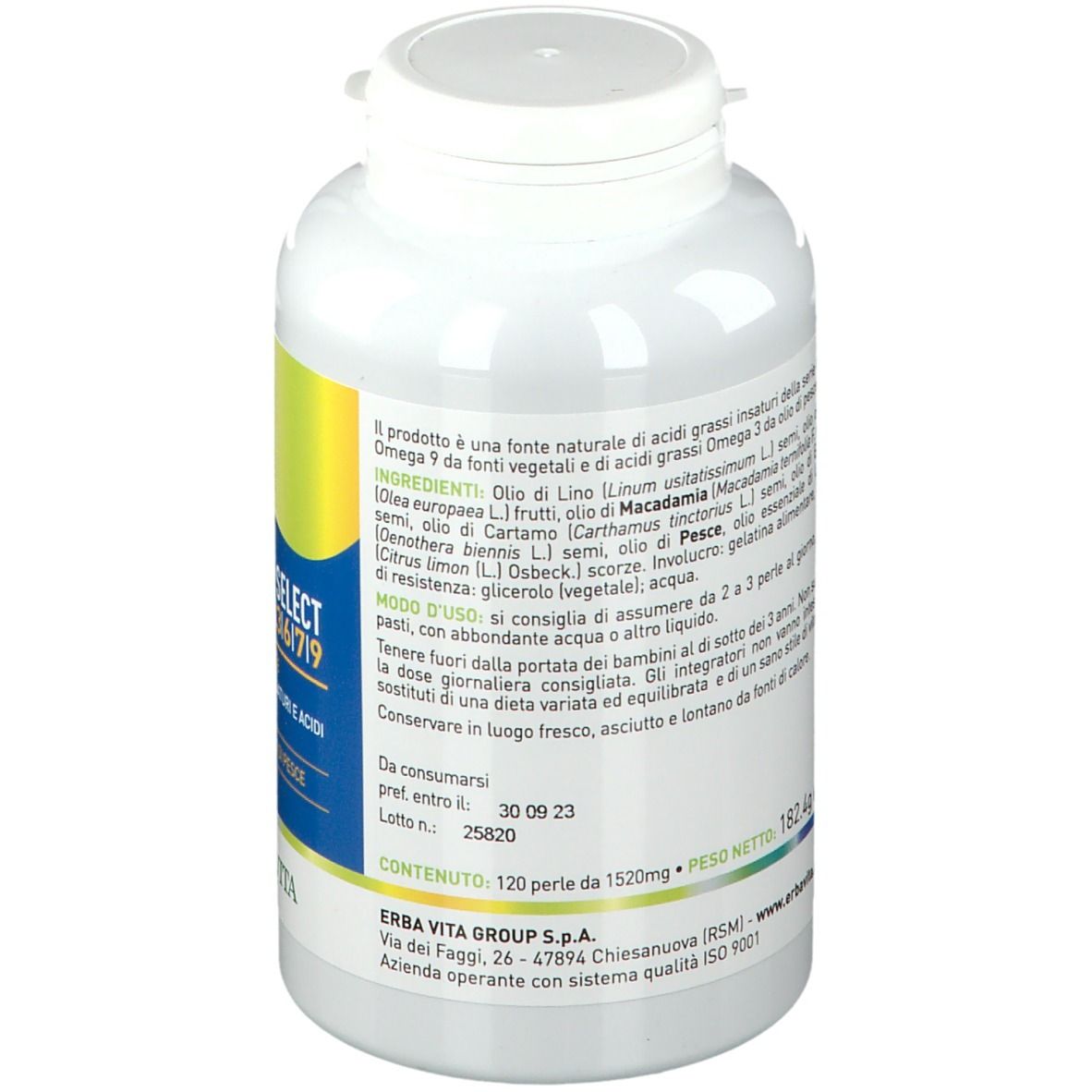 Rückseite einer weißen Flasche. Textinformationen und Inhaltsstoffe. Marke: ERBA VITA. ISO 9001 Zertifizierung.