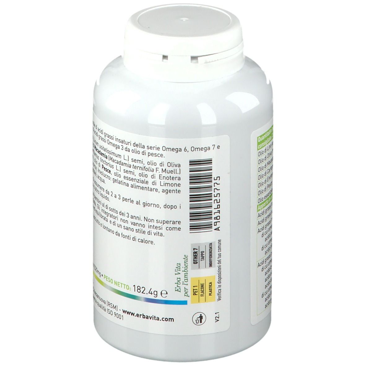 Rückseite einer weißen Flasche. Textinformationen und Inhaltsstoffe. Marke: ERBA VITA. ISO 9001 Zertifizierung.