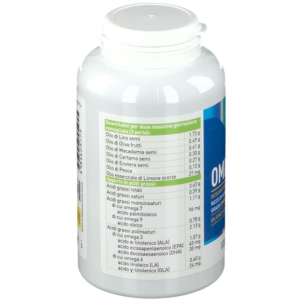 Weiße Flasche mit blau-gelbem Etikett. Aufschrift: OMEGA SELECT 3|6|7|9. Zusatz: Integratore alimentare. Marke: ERBA VITA.