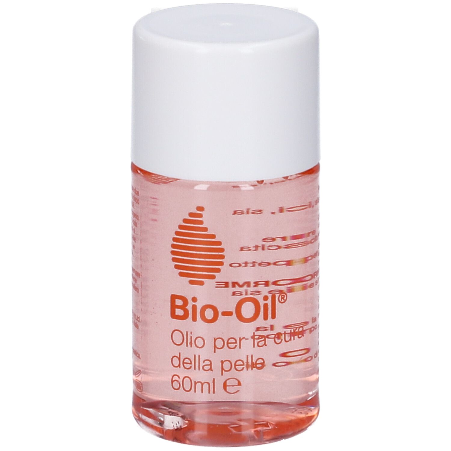 Flacon de Bio-Oil® avec bouchon blanc. Inscription : Olio per la cura della pelle, 60ml e. Logo orange.
