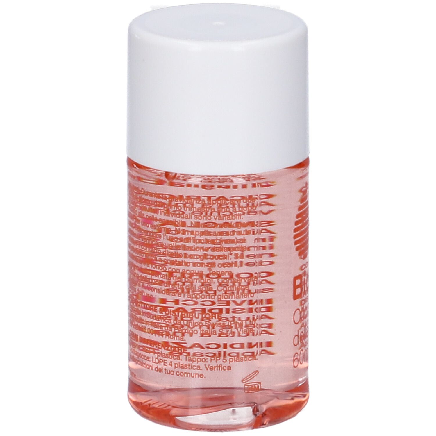 Dos du flacon de Bio-Oil®. Texte en italien. Logo orange. Bouchon blanc.