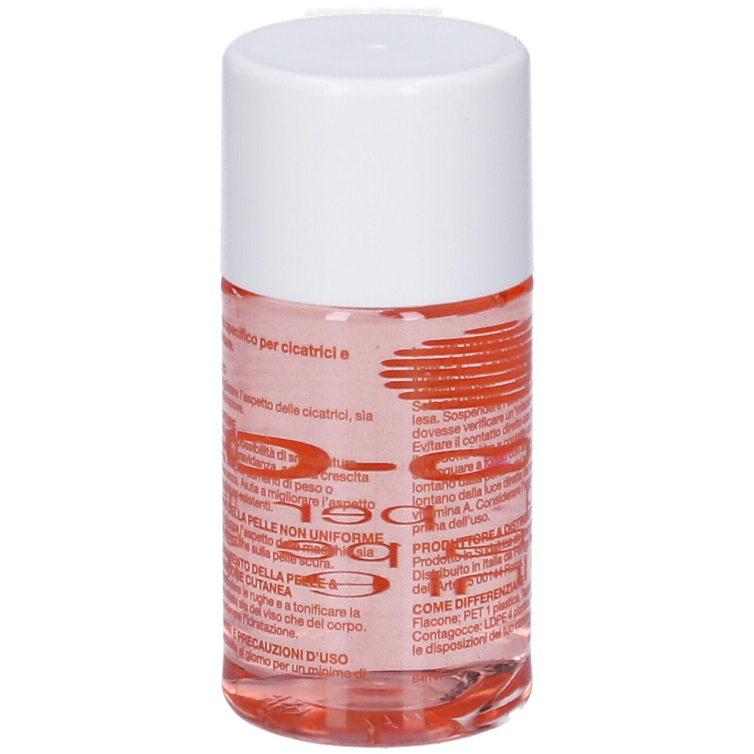 Dos du flacon de Bio-Oil®. Texte en italien. Bouchon blanc. Liquide transparent.
