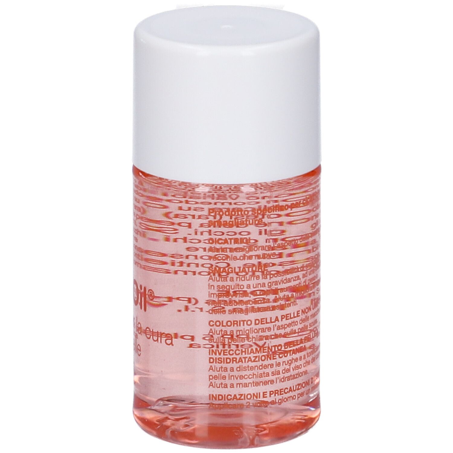Dos du flacon de Bio-Oil®. Texte en italien. Bouchon blanc. Liquide transparent.