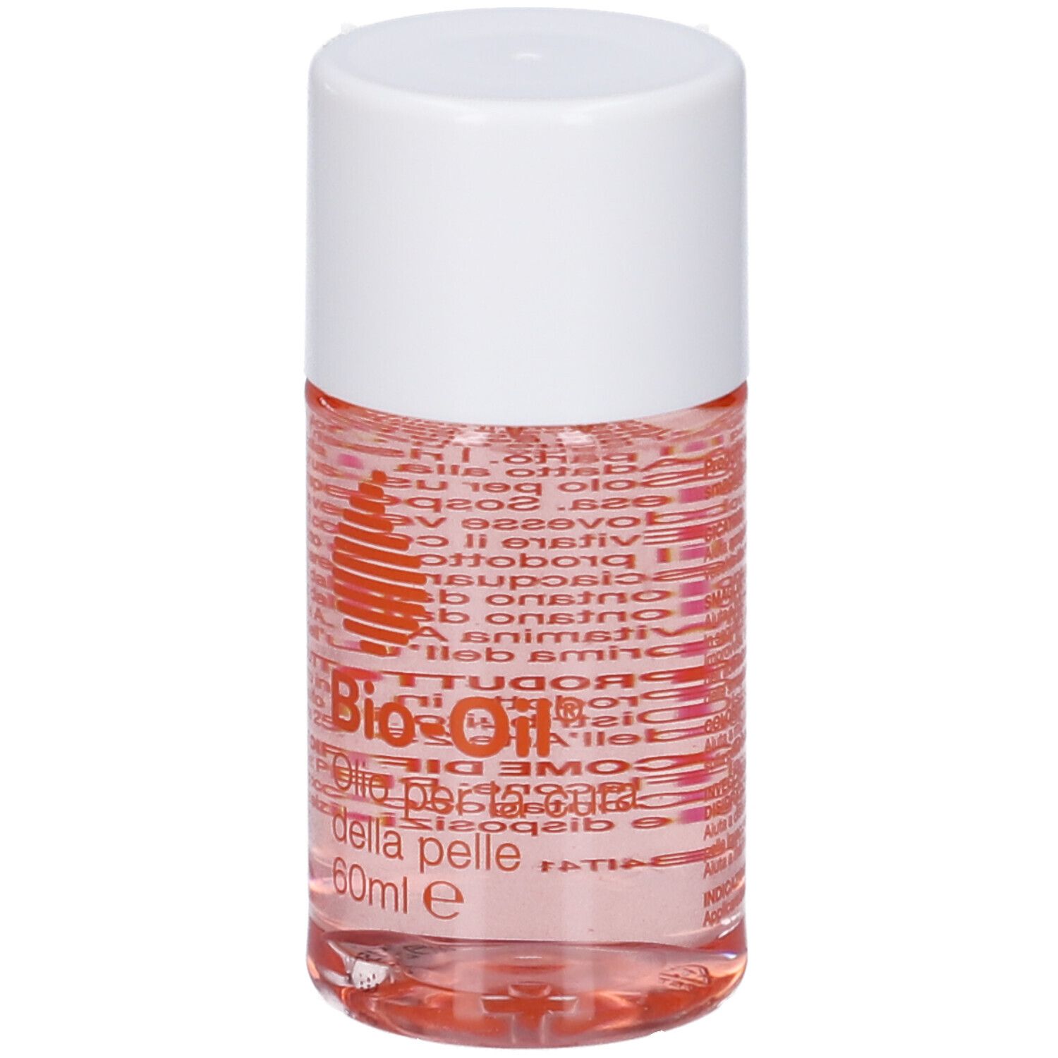 Flacon de Bio-Oil® avec bouchon blanc. Inscription : Olio per la cura della pelle, 60ml e. Logo orange.
