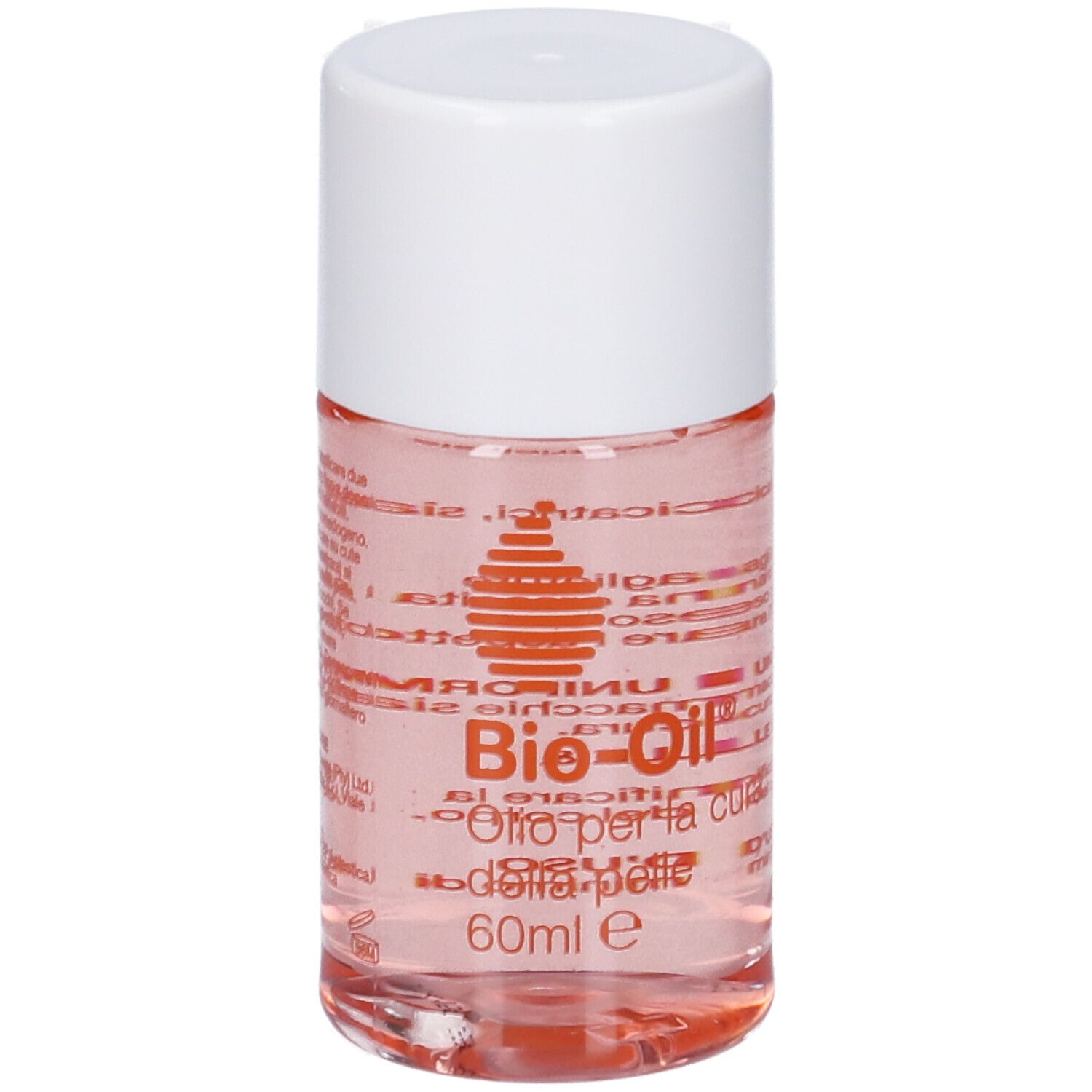 Flacon de Bio-Oil® avec bouchon blanc. Inscription : Olio per la cura della pelle, 60ml e. Logo orange.