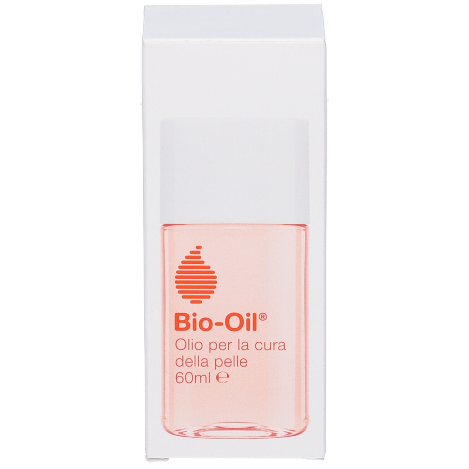 Flacon de Bio-Oil® dans un emballage blanc. Inscription : Olio per la cura della pelle, 60ml e. Logo orange.