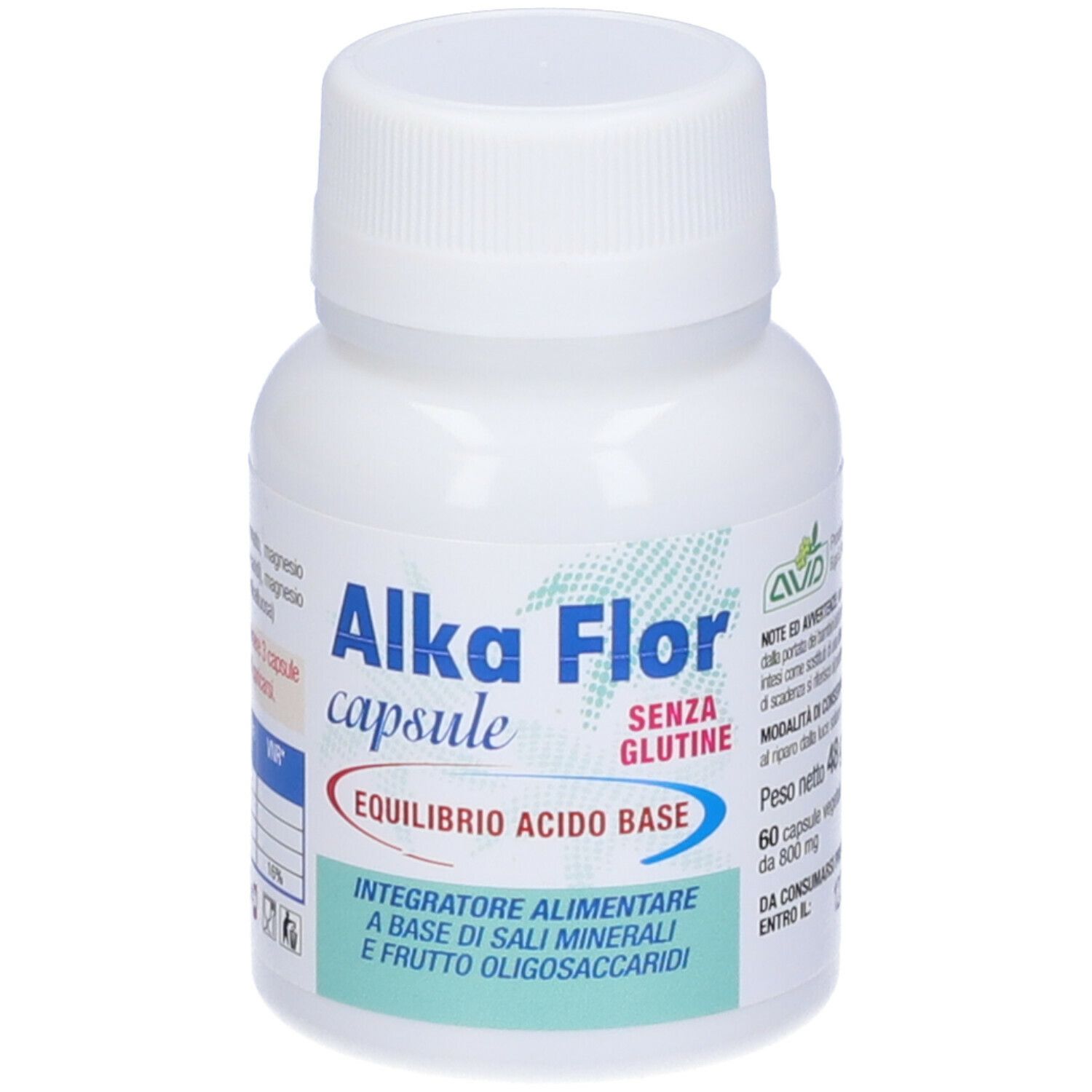 Flacon blanc Alka Flor capsule, 60 gélules, sans gluten. Inscription: equilibrio acido base. Ingrédient: sels minéraux et fructo-oligosaccharides.