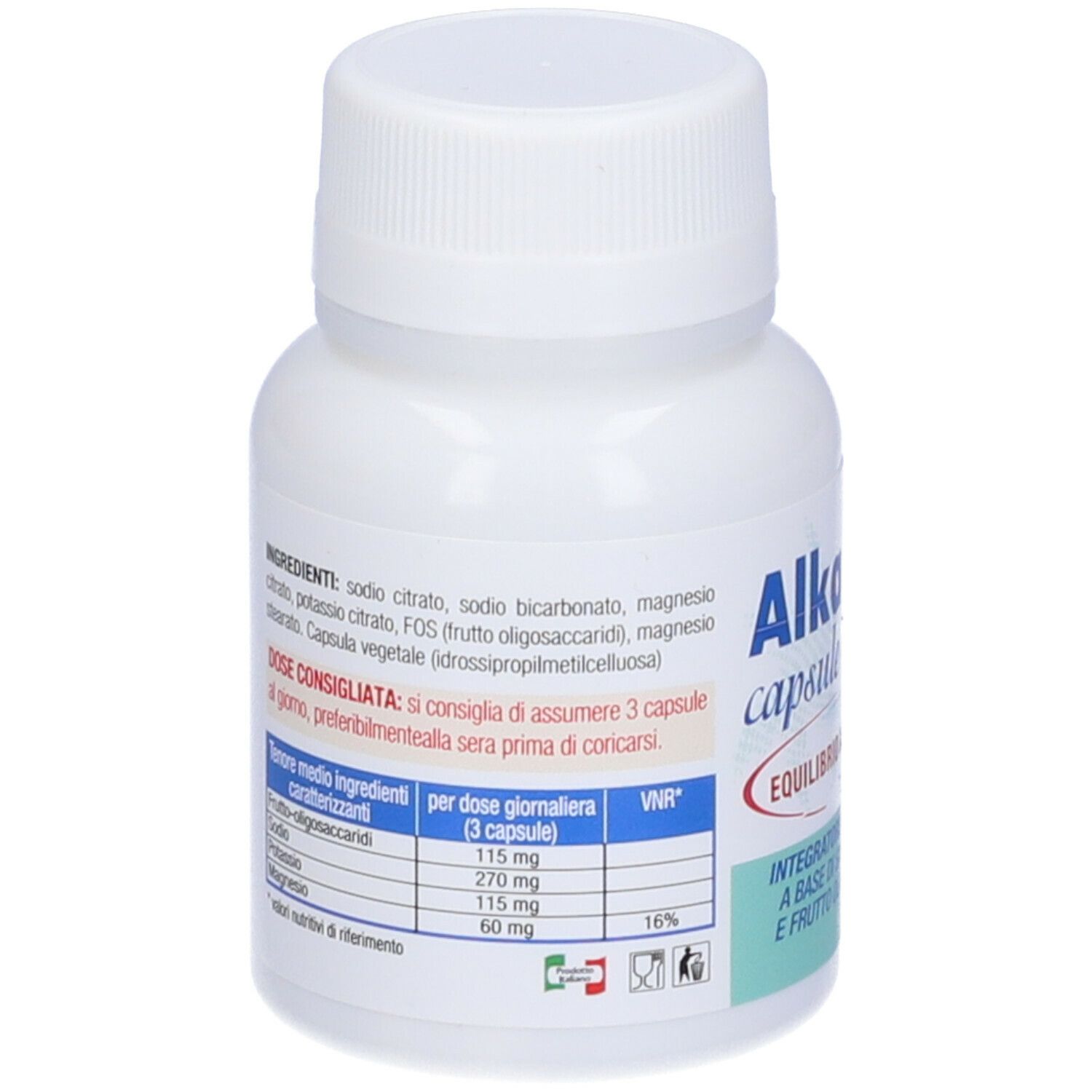 Dos du flacon blanc. Ingrédients et posologie. Inscription: Alka Flor capsule. equilibrio acido base. Contient des sels minéraux et fructo-oligosaccharides.