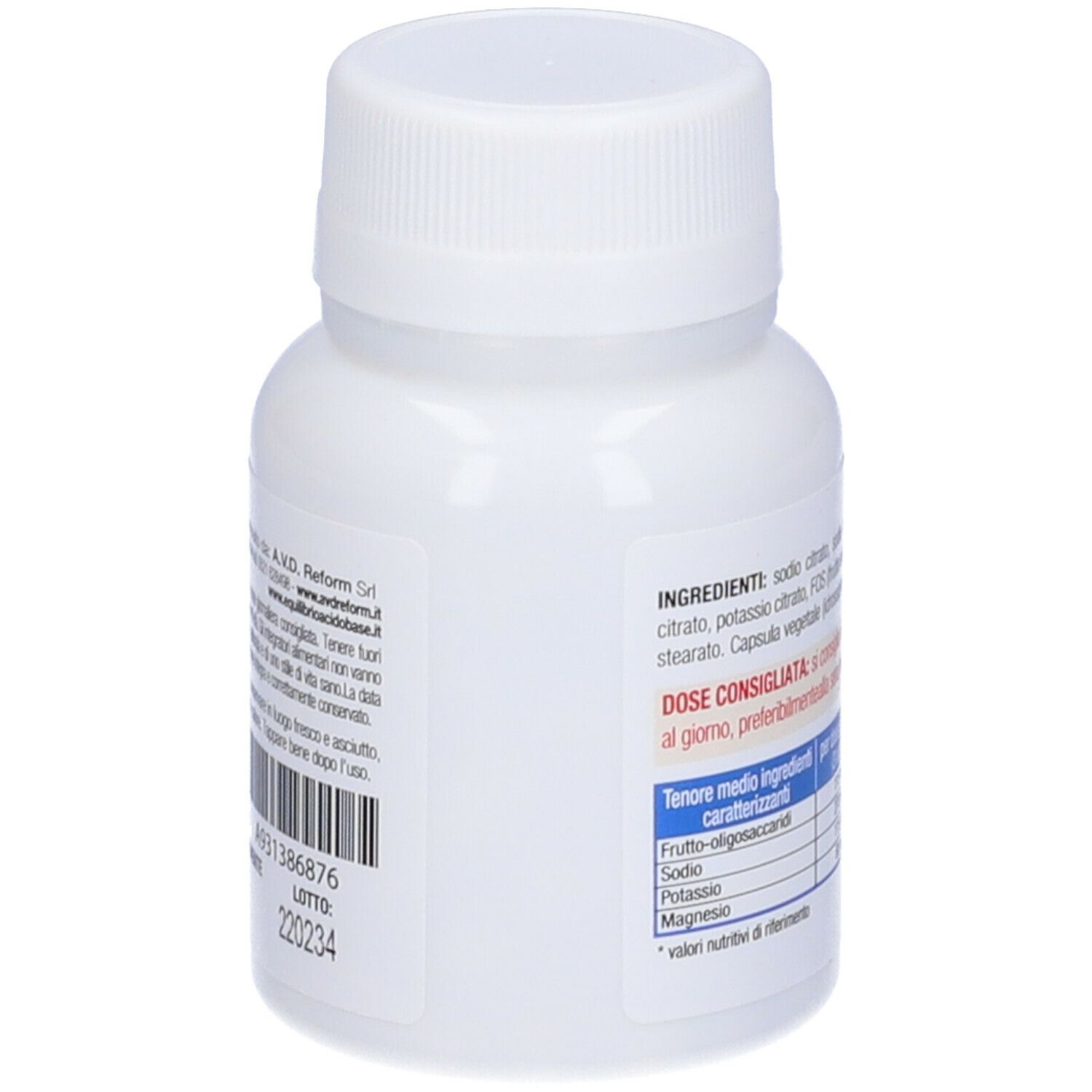 Dos du flacon blanc. Ingrédients et informations fabricant. Inscription: Alka Flor capsule. equilibrio acido base. Contient des sels minéraux et fructo-oligosaccharides.