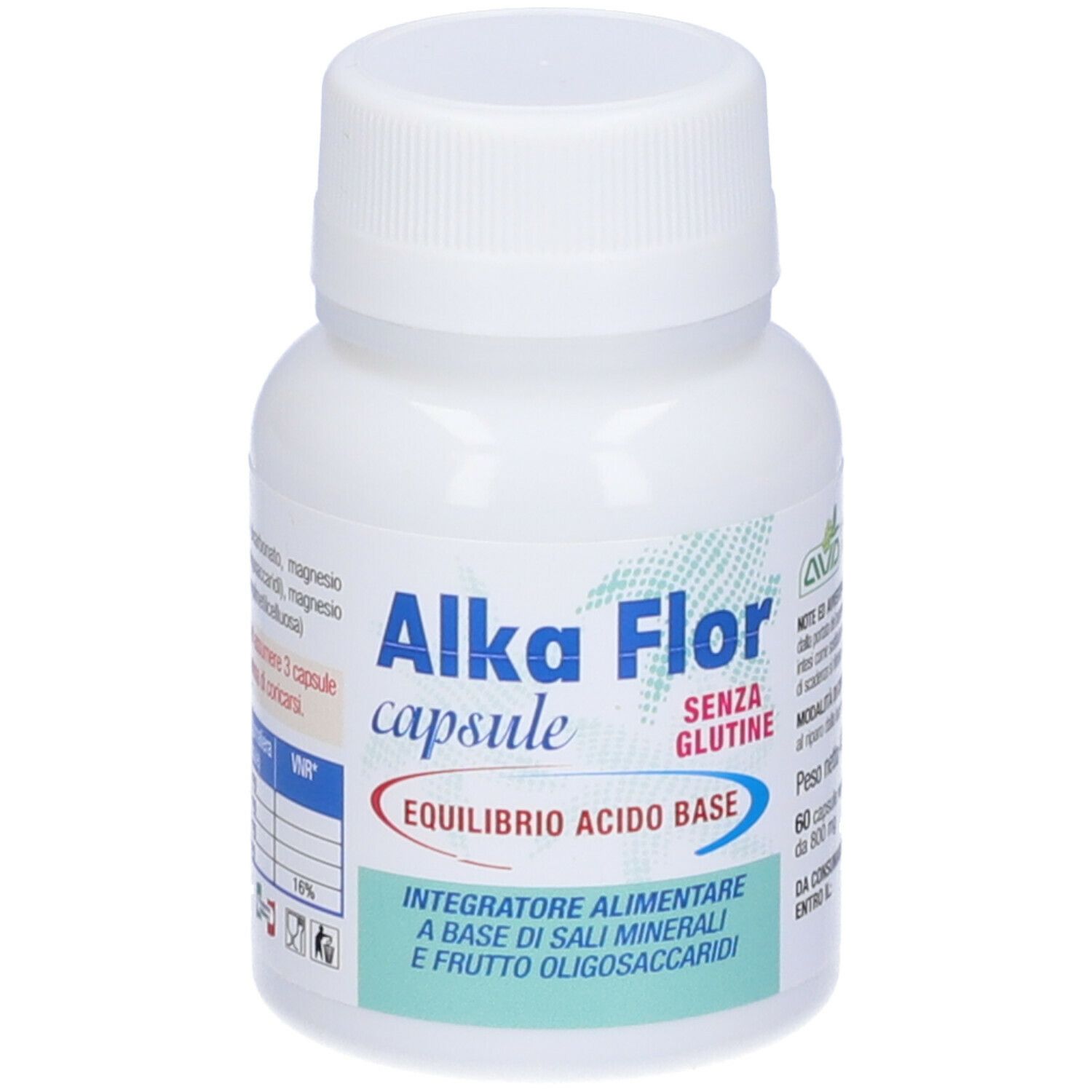 Flacon blanc Alka Flor capsule, 60 gélules, sans gluten. Inscription: equilibrio acido base. Ingrédient: sels minéraux et fructo-oligosaccharides.