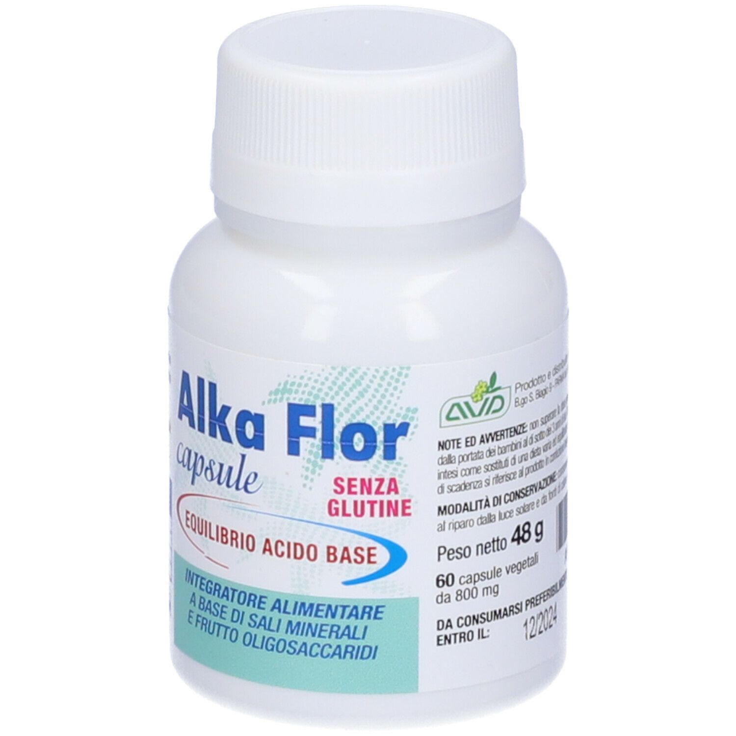 Flacon blanc Alka Flor capsule, 60 gélules, sans gluten. Inscription: equilibrio acido base. Poids net 48g. Ingrédient: sels minéraux et fructo-oligosaccharides.