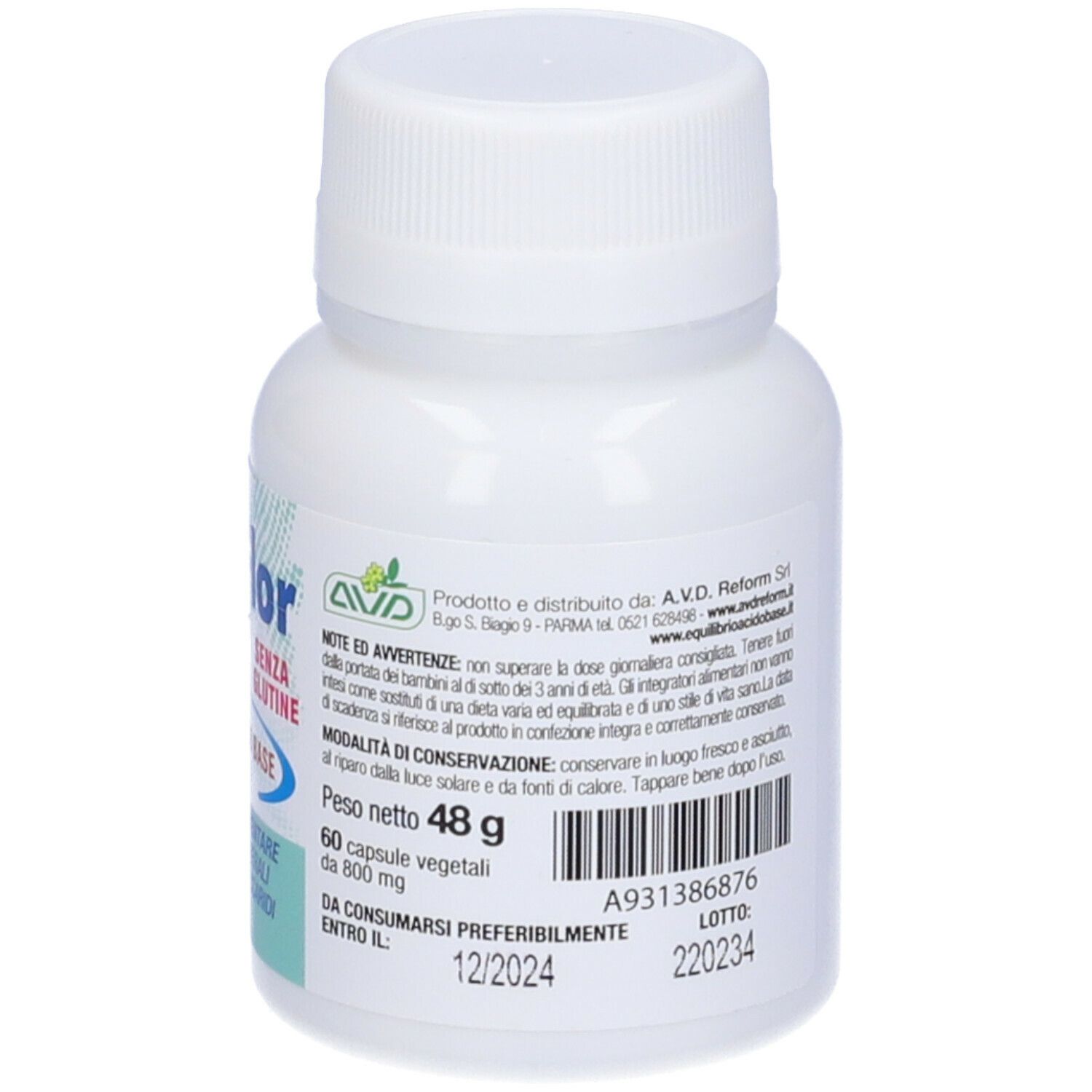 Flacon blanc Alka Flor capsule, 60 gélules, sans gluten. Inscription: equilibrio acido base. Date de péremption 12/2024. Ingrédient: sels minéraux et fructo-oligosaccharides.