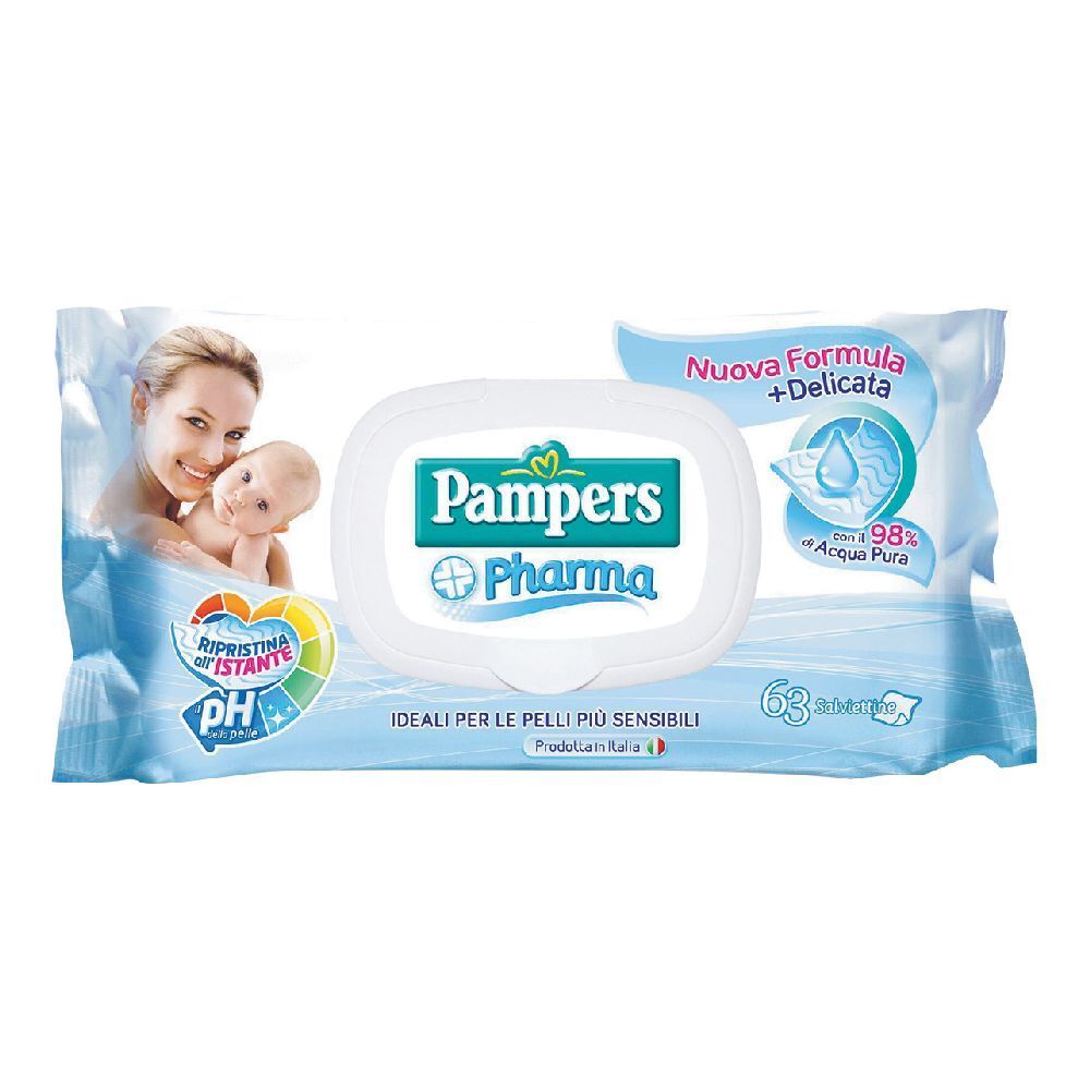 Paquet de lingettes Pampers Pharma. Couvercle ovale, emballage bleu. Contient 63 lingettes. Symbole pH.