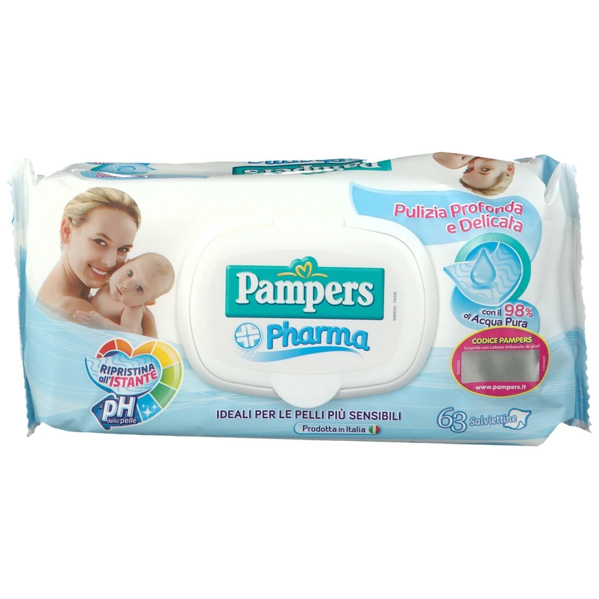 Paquet de lingettes Pampers Pharma. Emballage bleu avec femme et bébé. Contient 68 lingettes. 98% d'eau.