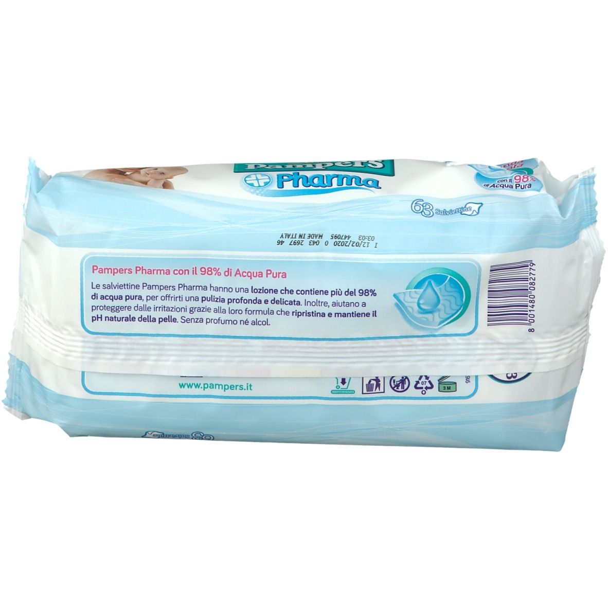 Dos du paquet de lingettes Pampers Pharma. Emballage bleu. Informations textuelles et symboles.