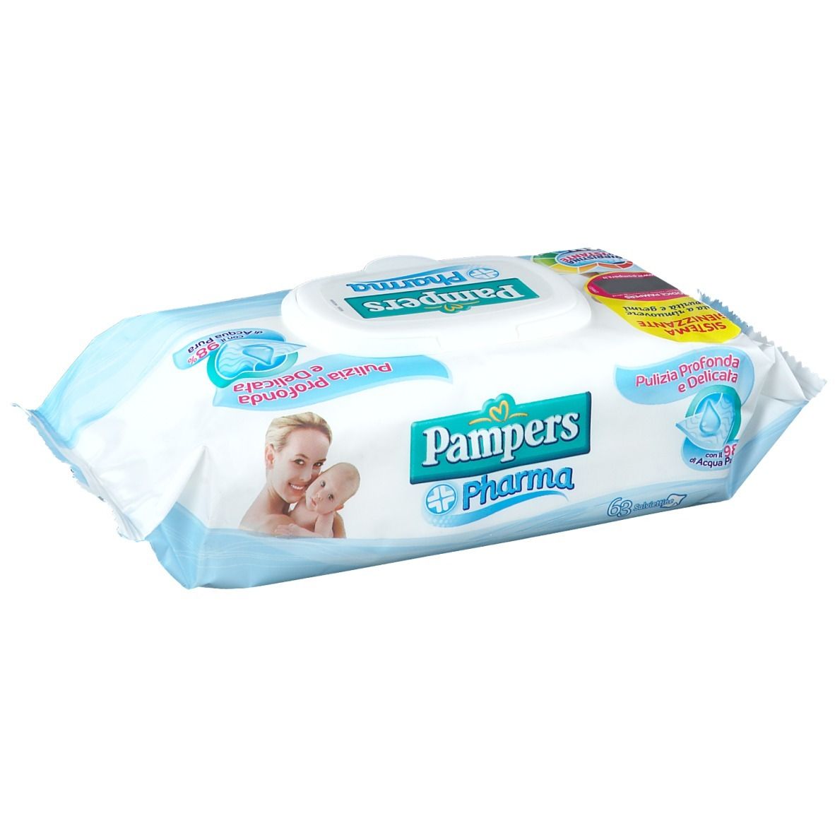 Paquet de lingettes Pampers Pharma. Emballage bleu avec couvercle ovale. Texte: Nettoyage en profondeur et délicat.