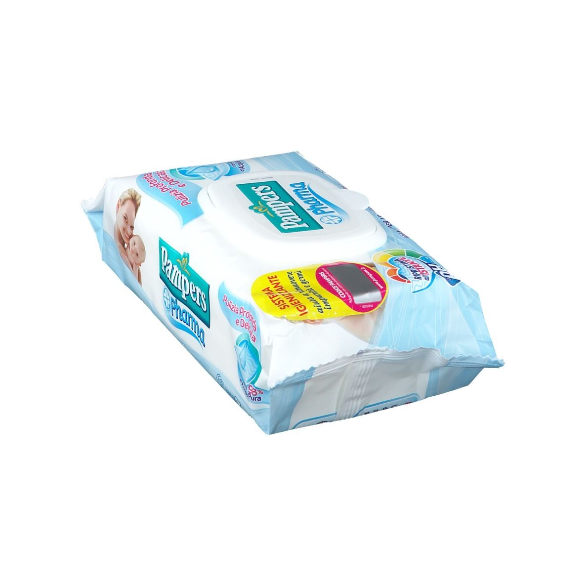Paquet de lingettes Pampers Pharma. Emballage bleu avec couvercle ovale. Autocollant jaune avec texte.