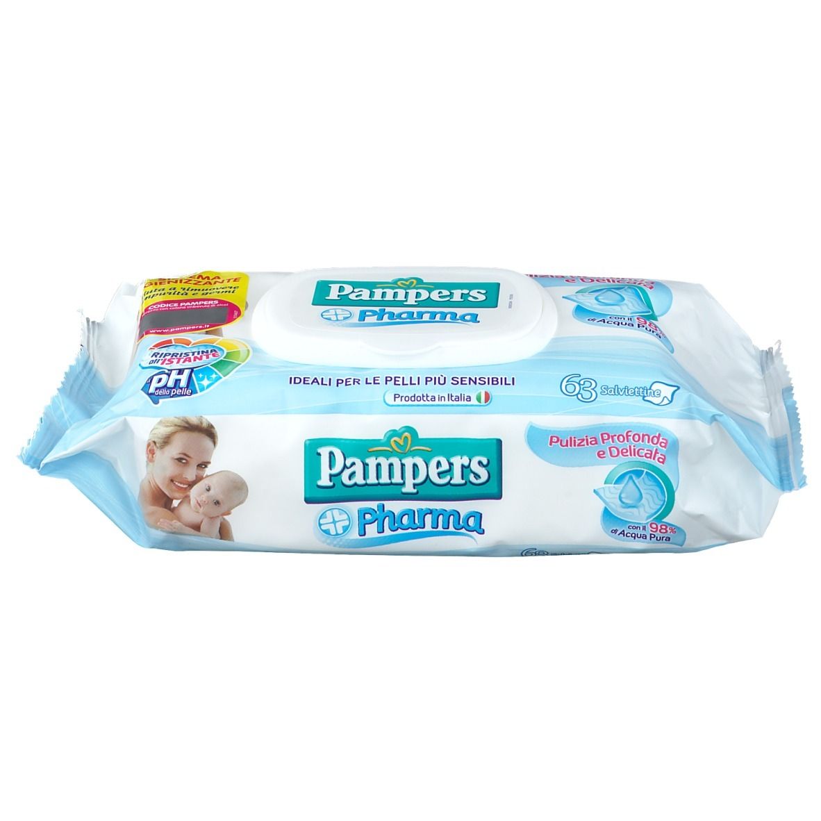Paquet de lingettes Pampers Pharma. Emballage bleu avec femme et bébé. Contient 63 lingettes. Symbole pH.