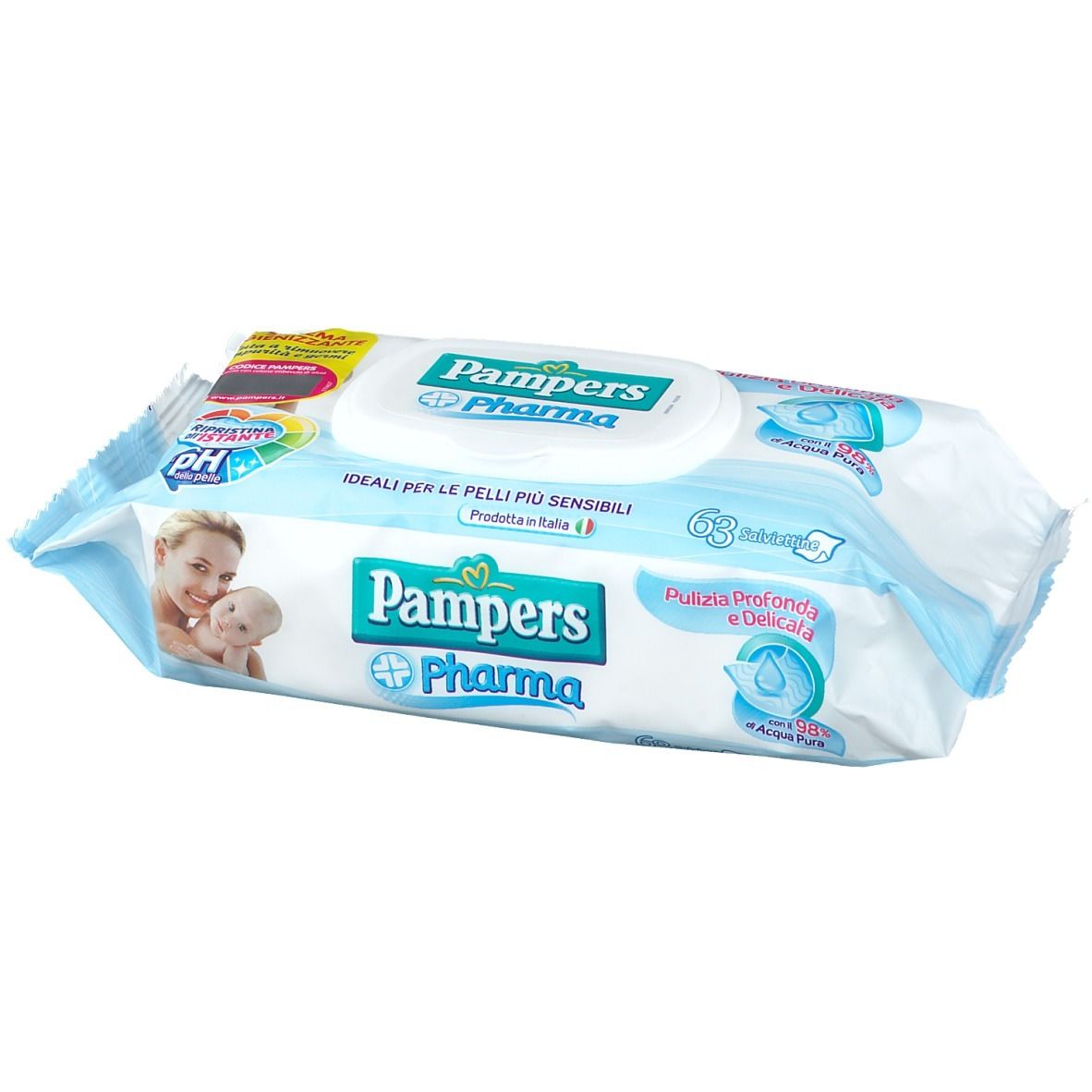 Paquet de lingettes Pampers Pharma. Emballage bleu avec femme et bébé. Contient 63 lingettes. Symbole pH.