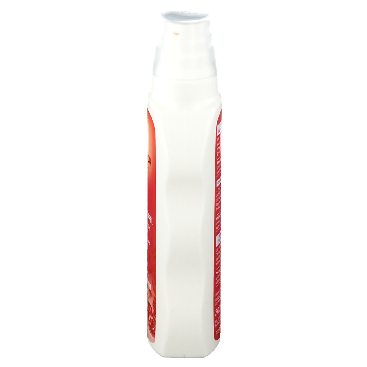 Vue latérale du flacon blanc avec étiquette rouge. Texte: WELEDA, Grenade Lait Corps Régénérant.