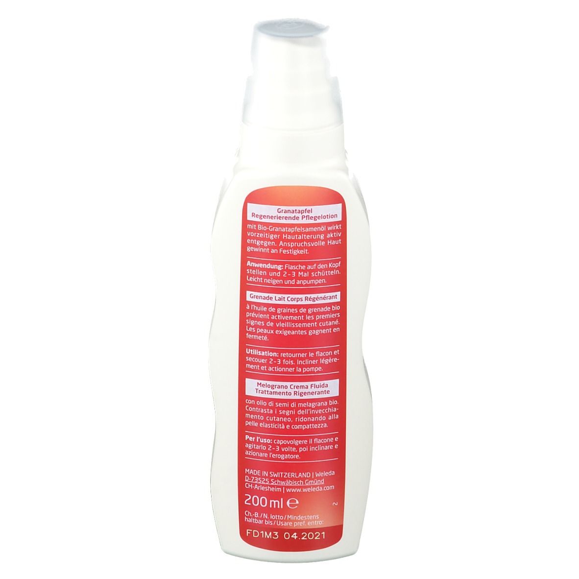 Dos du flacon blanc avec étiquette rouge. Texte et instructions d'utilisation. 200 ml.