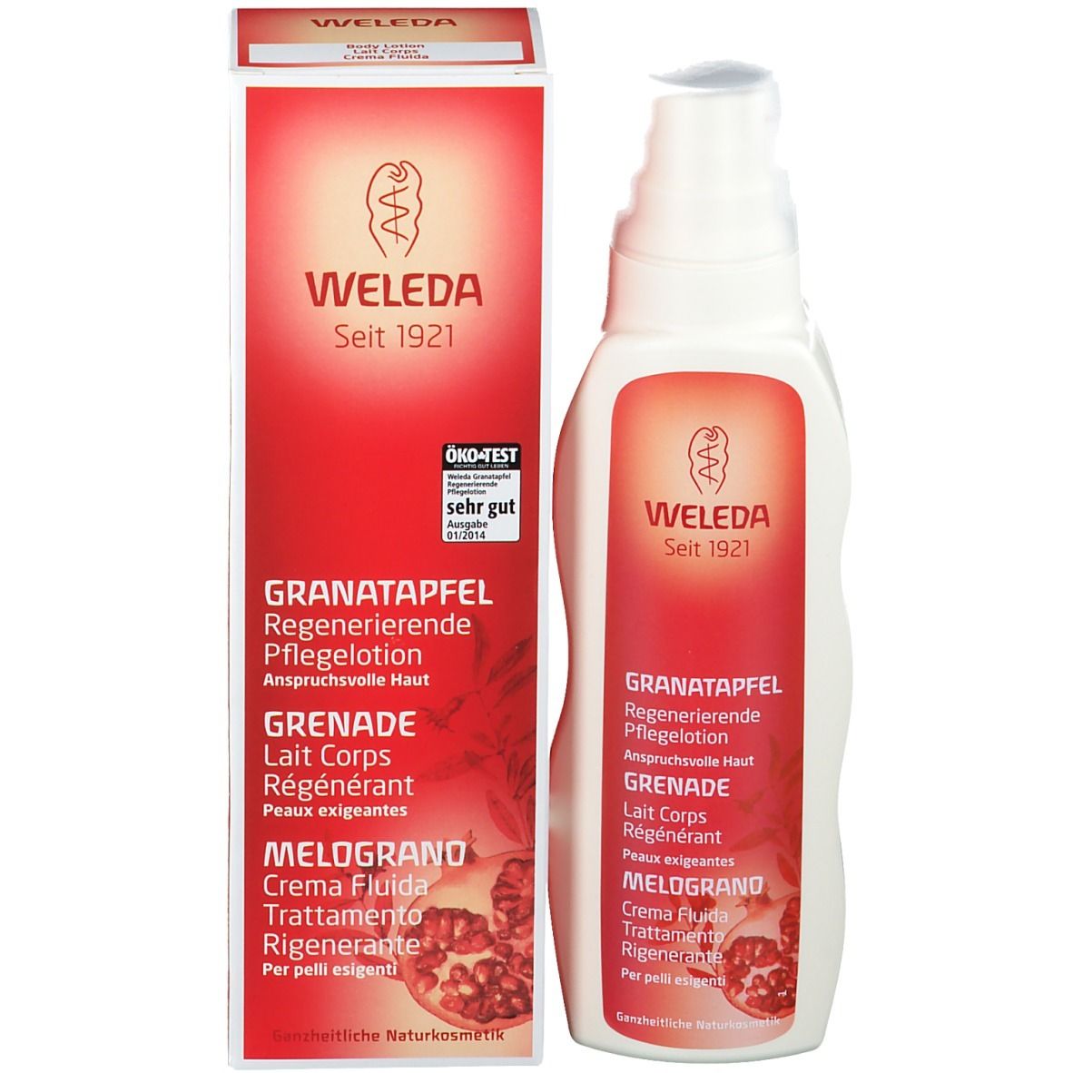Emballage et flacon. Emballage rouge avec texte blanc: WELEDA, Grenade Lait Corps Régénérant. Avec label Öko-Test.