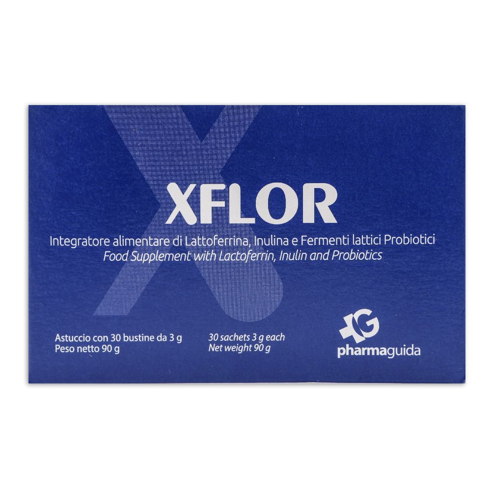 Boîte bleue avec texte blanc. Contient XFLOR, complément alimentaire avec lactoferrine, inuline et probiotiques. 30 sachets.