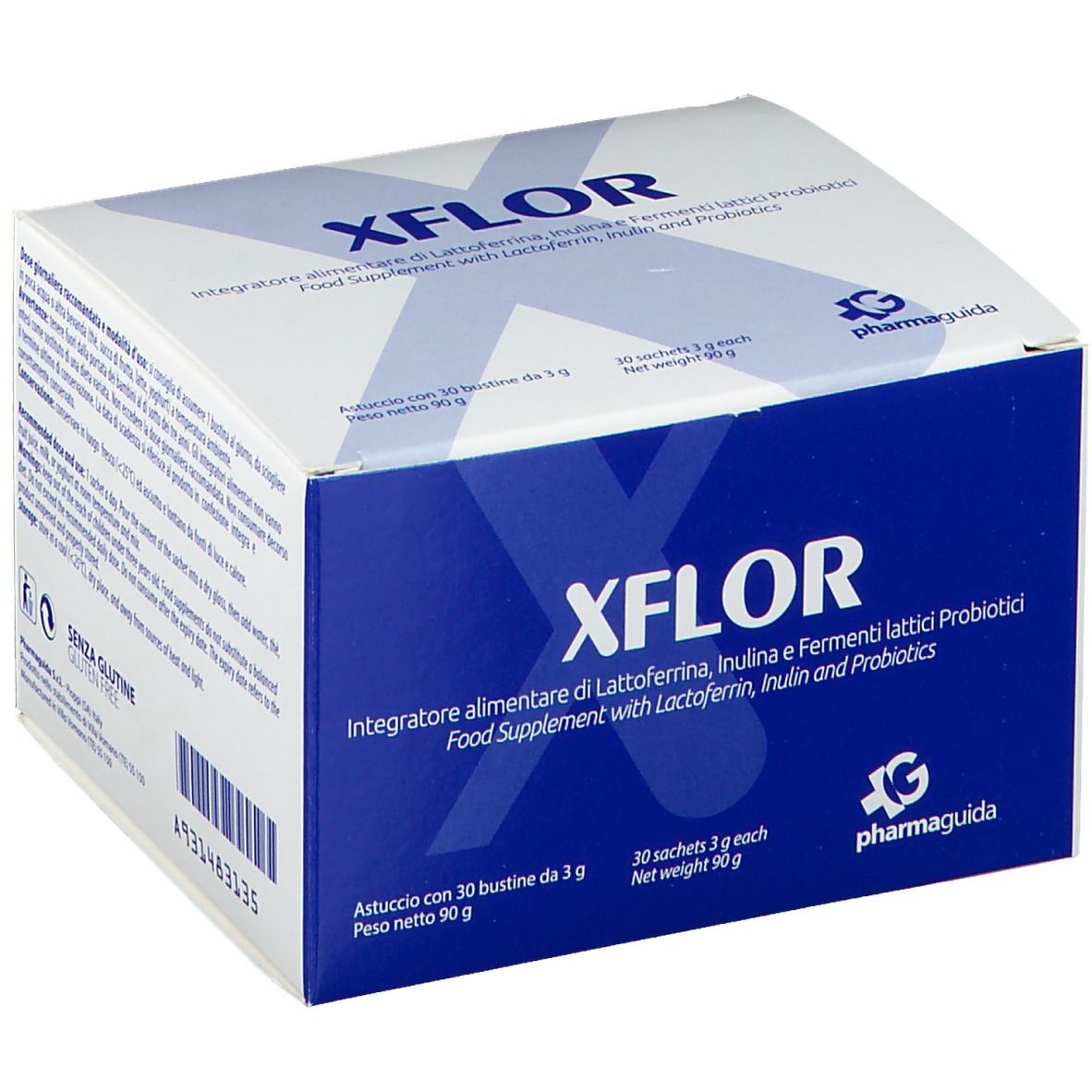 Boîte blanche avec couvercle bleu. Contient XFLOR, complément alimentaire avec lactoferrine, inuline et probiotiques. 30 sachets.