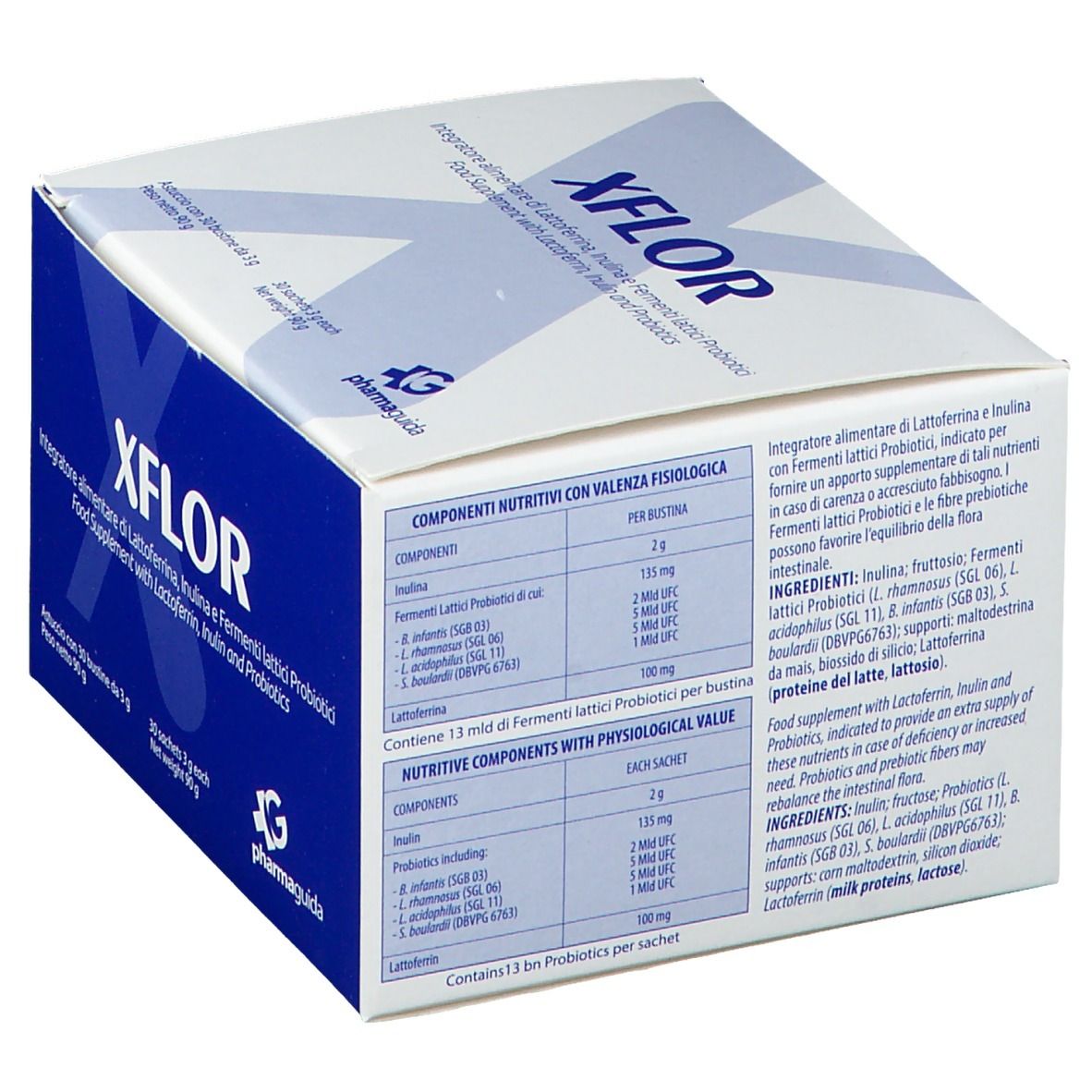 Boîte blanche avec texte et informations nutritionnelles. Contient XFLOR, complément alimentaire. 30 sachets.