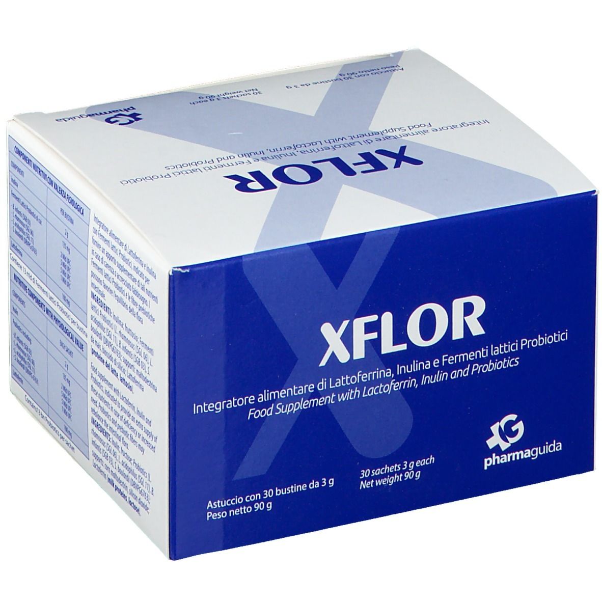 Boîte blanche avec texte. Contient XFLOR, complément alimentaire avec lactoferrine, inuline et probiotiques. 30 sachets.