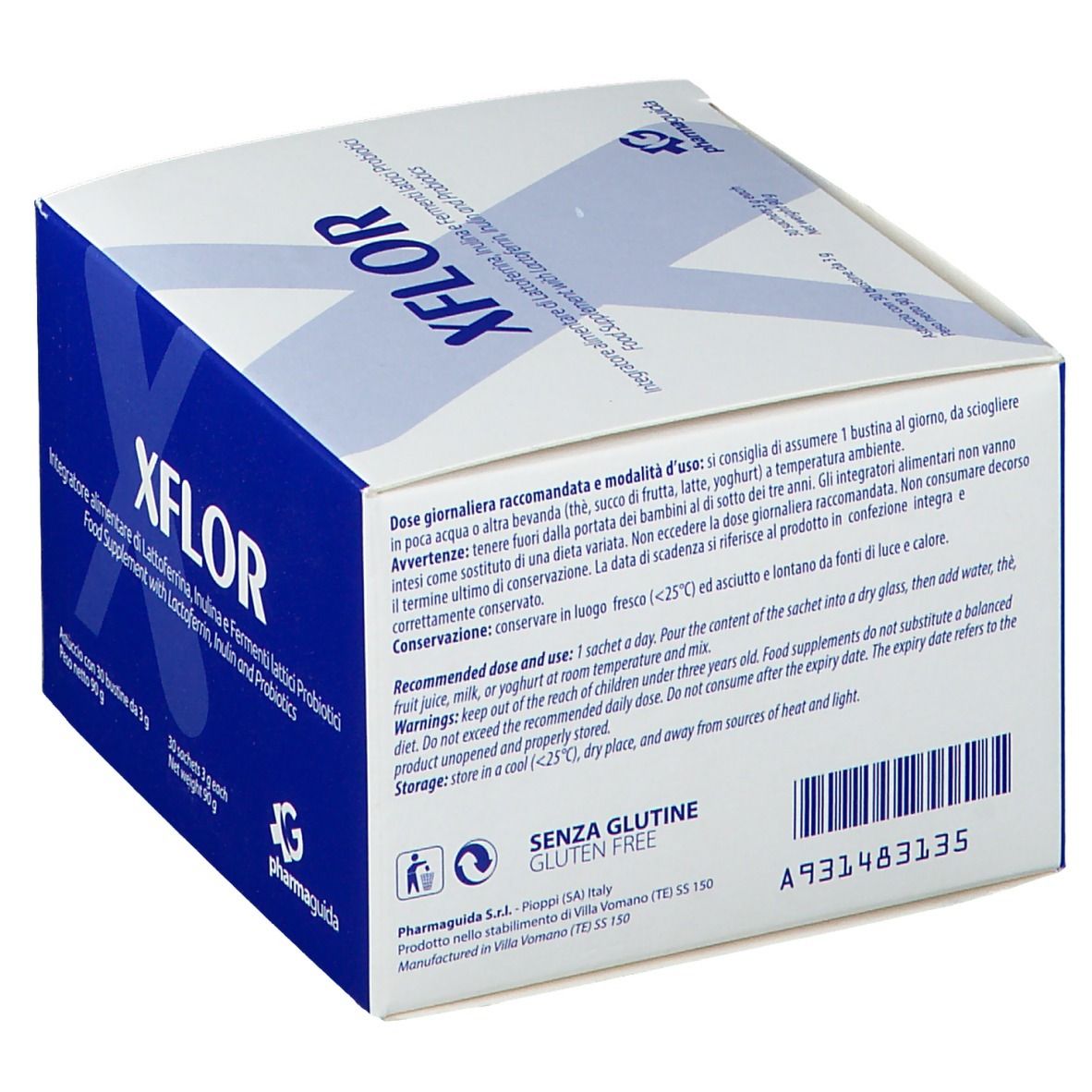 Boîte blanche avec texte. Contient XFLOR, complément alimentaire. 30 sachets. Vue arrière.