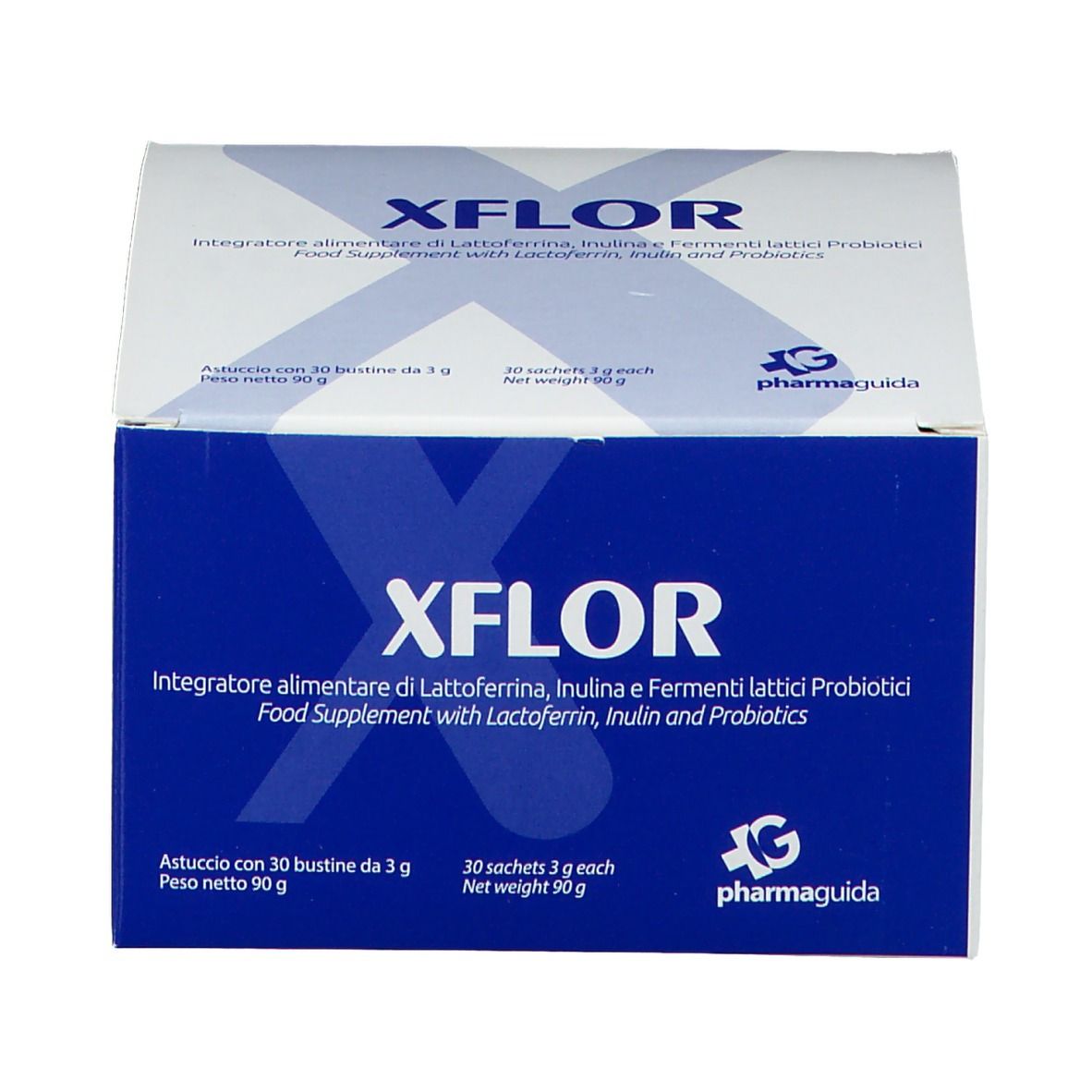 Boîte bleue avec texte blanc. Contient XFLOR, complément alimentaire avec lactoferrine, inuline et probiotiques. 30 sachets.
