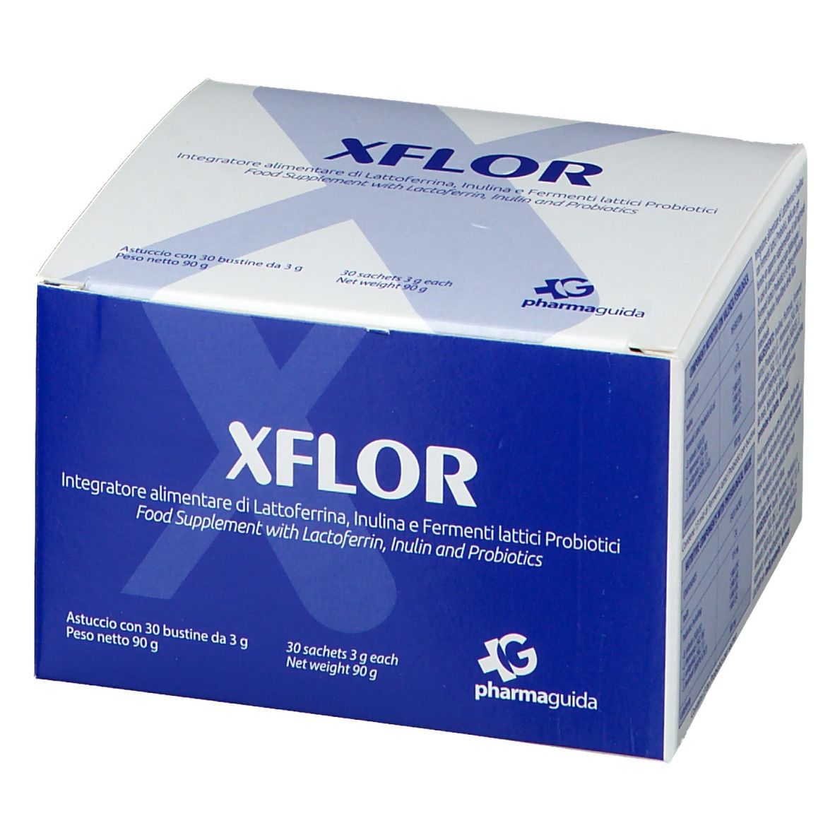 Boîte bleue et blanche. Contient XFLOR, complément alimentaire avec lactoferrine, inuline et probiotiques. 30 sachets.