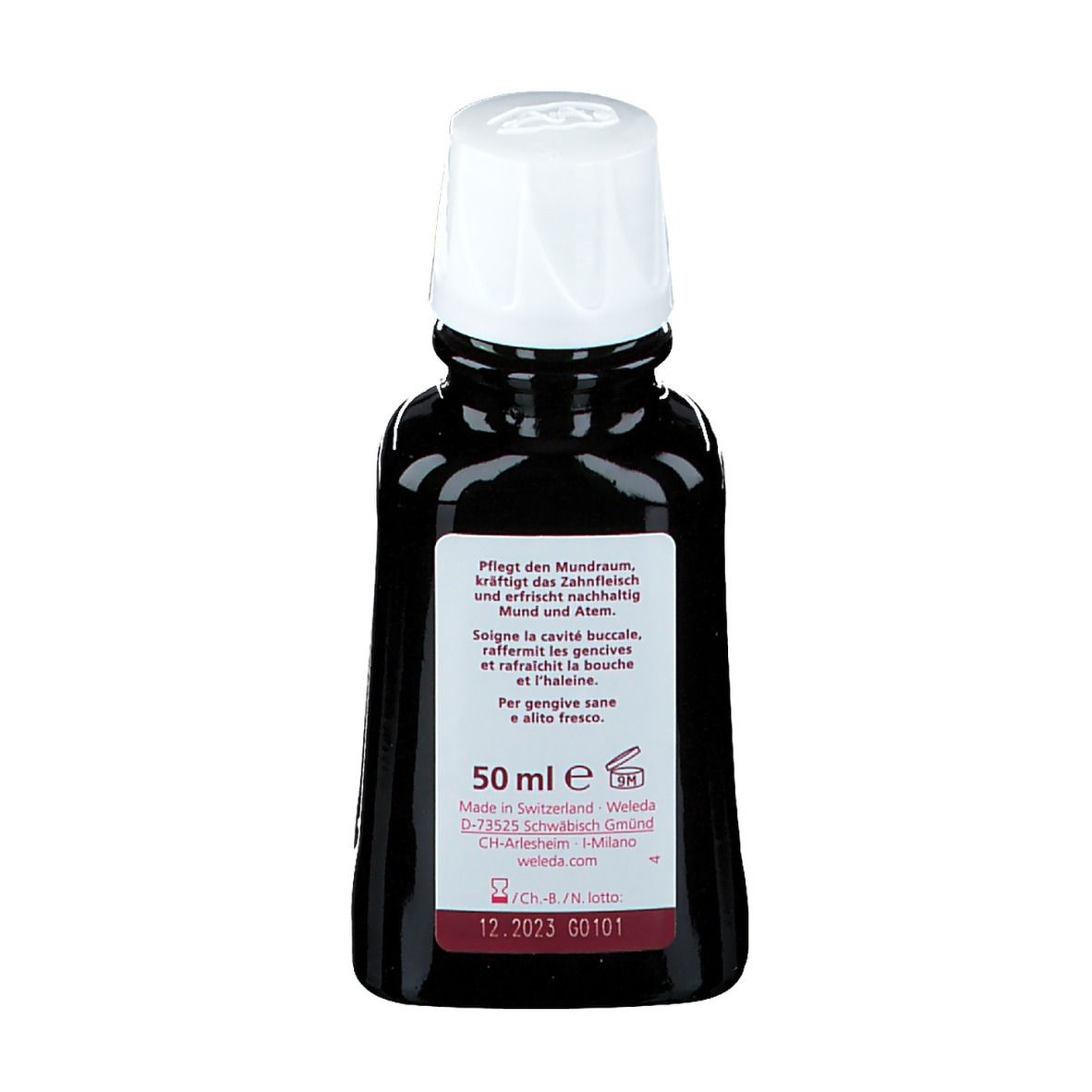 WELEDA Mundwasser Ratania. Rückseite der Flasche. Text in Deutsch, Französisch und Italienisch. 50 ml. Herstellungsort.