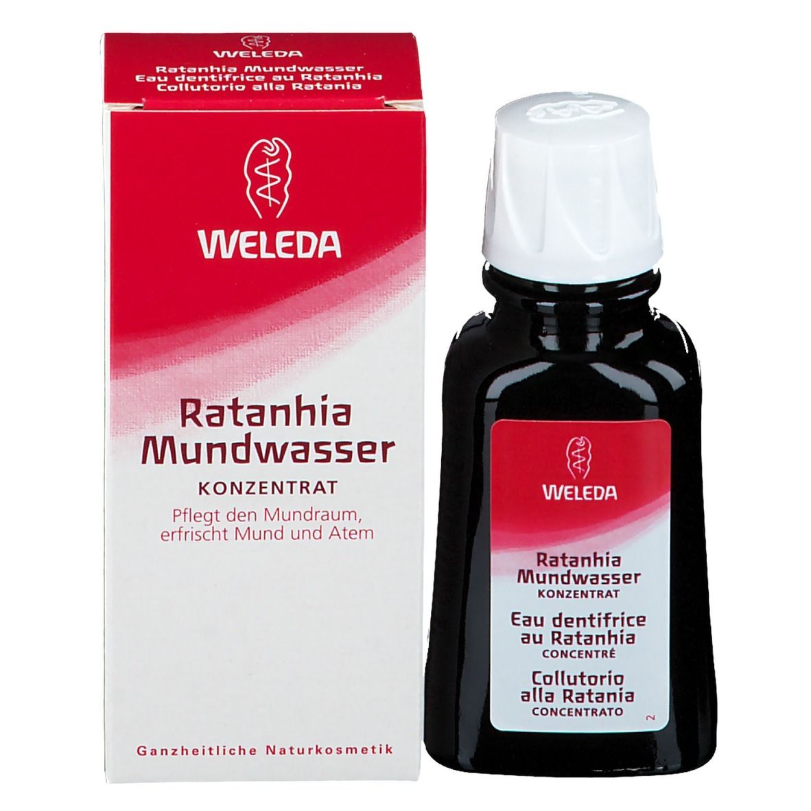WELEDA Mundwasser Ratania. Flasche und Verpackung. Produktname und Logo. Rote und weiße Farbgebung. Ganzheitliche Naturkosmetik.