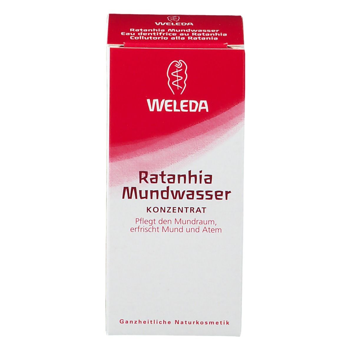 WELEDA-Verpackung. Produktname: Mundwasser Ratania. Text in Deutsch. Ganzheitliche Naturkosmetik. Rote und weiße Farbgebung.