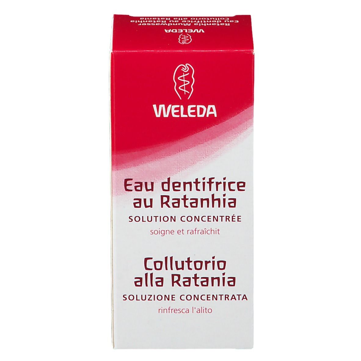 WELEDA-Verpackung. Aufdrucke in Französisch und Italienisch. Produktname: Eau dentifrice au Ratanhia, Collutorio alla Ratania. Rot und weiß.