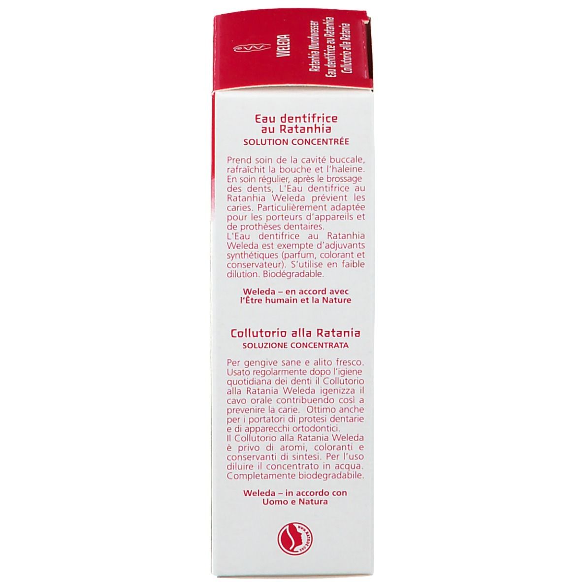 WELEDA-Verpackung. Rückseite. Text in Französisch und Italienisch. Anwendungshinweise. Inhaltsstoffe. Logo.