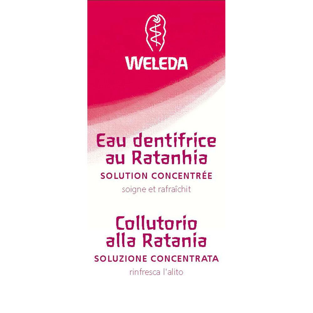WELEDA-Verpackung. Aufdrucke in Französisch und Italienisch. Produktname: Eau dentifrice au Ratanhia, Collutorio alla Ratania. Rot und weiß.